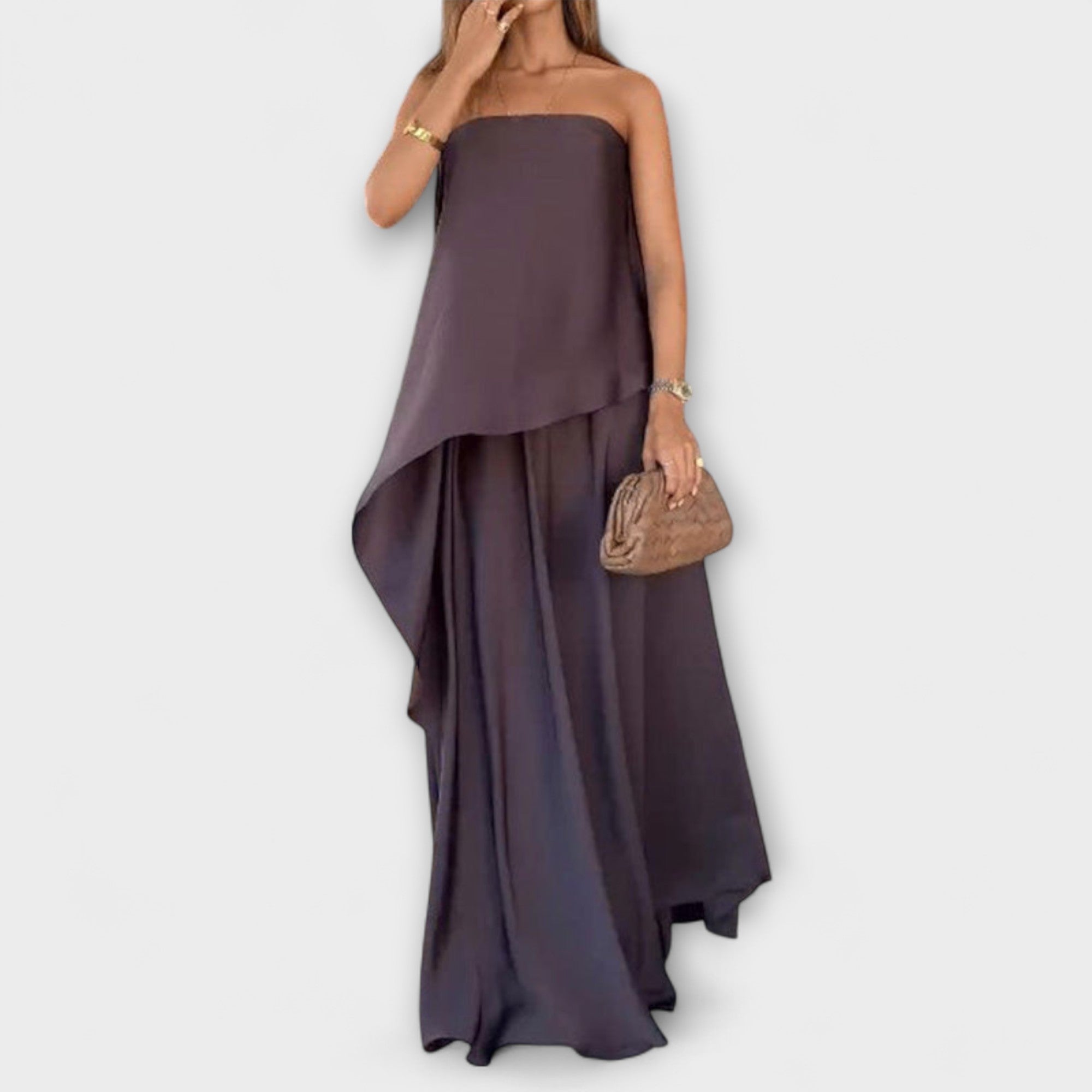 Women’s Maxi Dress, Sleeveless Bandeau Neckline, Asymmetrical Fit, Lightweight Fabric