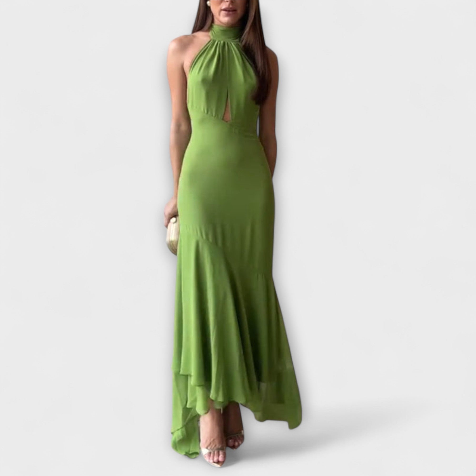 Women’s Maxi Dress, Sleeveless, Collar Neckline, Form-Fitting, Asymmetric Hemline, Front Slit