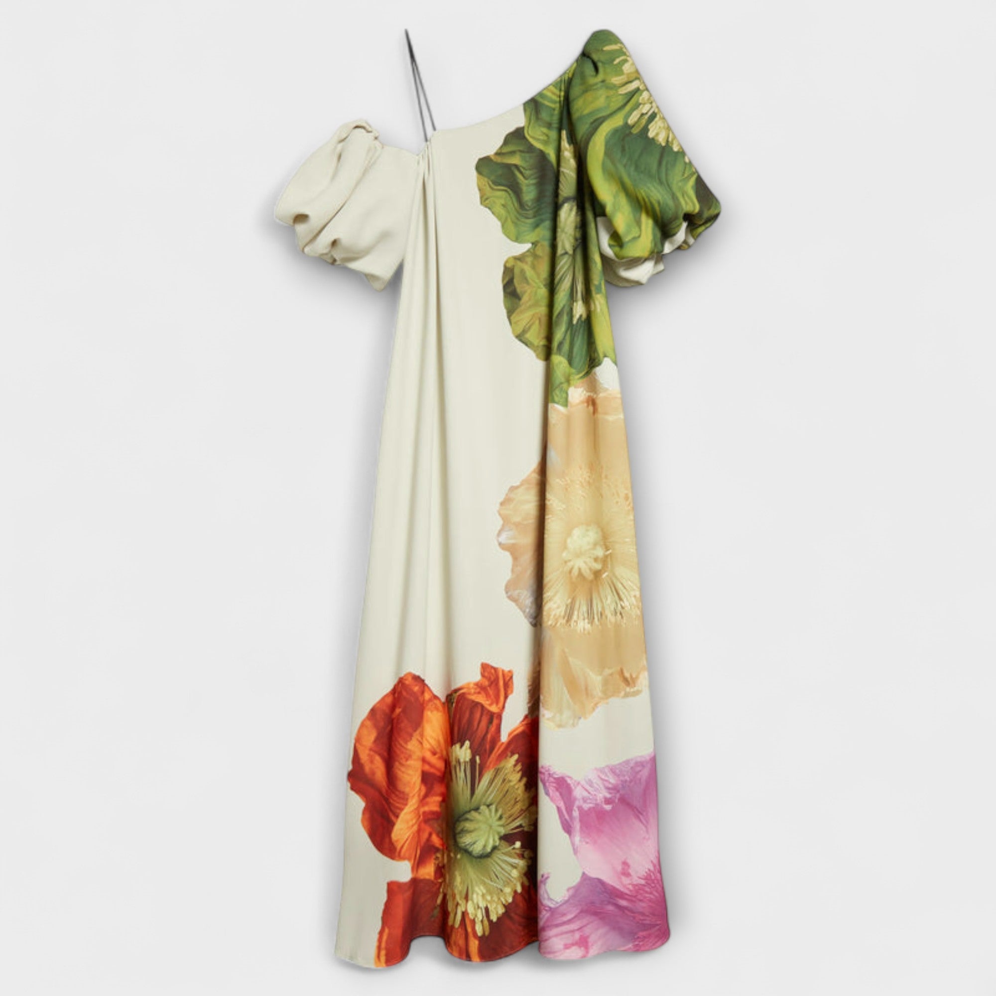 Women’s Maxi Dress, Sleeveless, Floral Print, Asymmetric Neckline, Structured Fit, Crepe Fabric