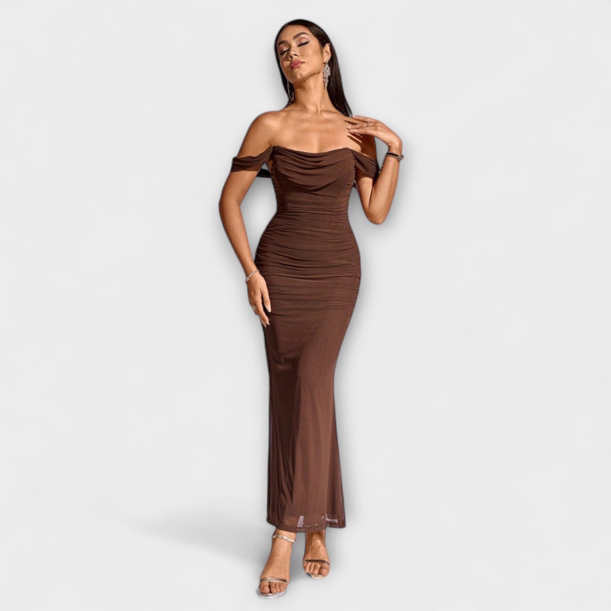 Women’s Maxi Dress, Sleeveless, Off-The-Shoulder Neckline, Slim Fit, Polyamide Elastane, Solid Color