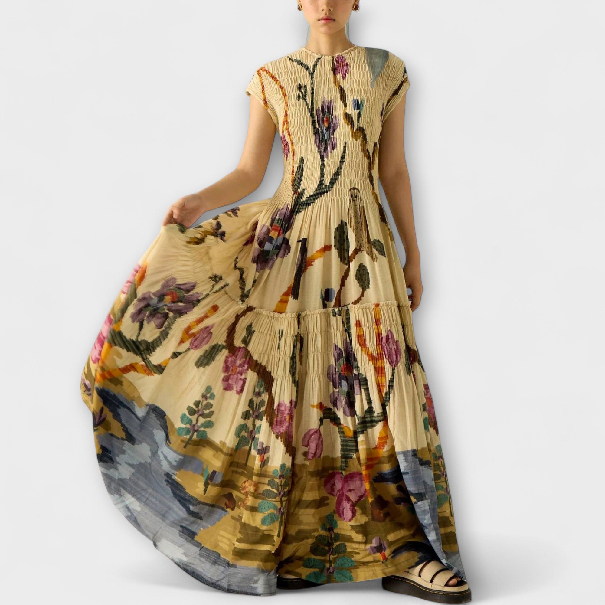 Women’s Maxi Dress, Sleeveless Strapless, Printed Pleated, Flowing Fit, Lightweight Material