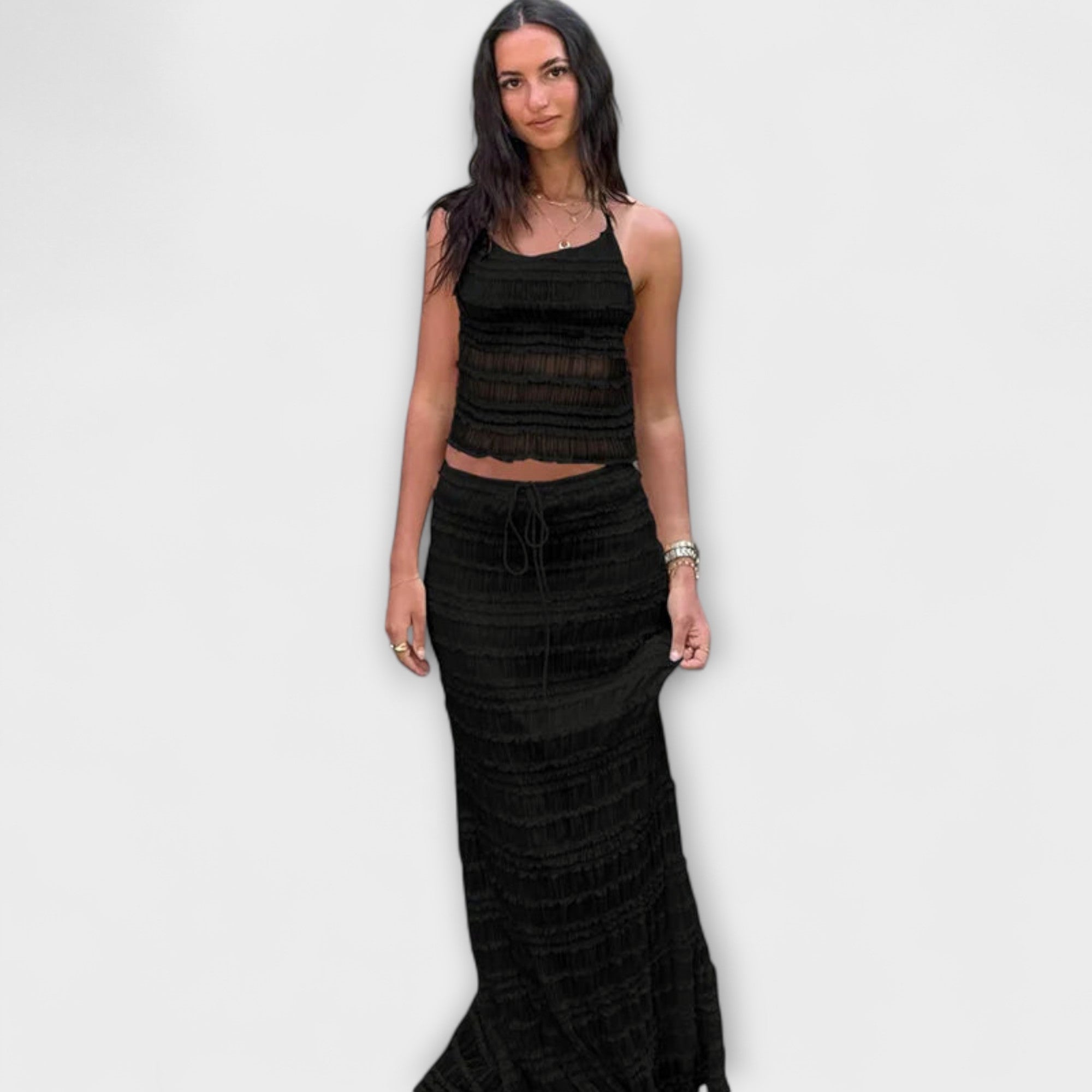 Women’s Maxi Dress Two-Piece Set, Sleeveless, V-Neck, Relaxed Fit, Cotton-Polyester Blend