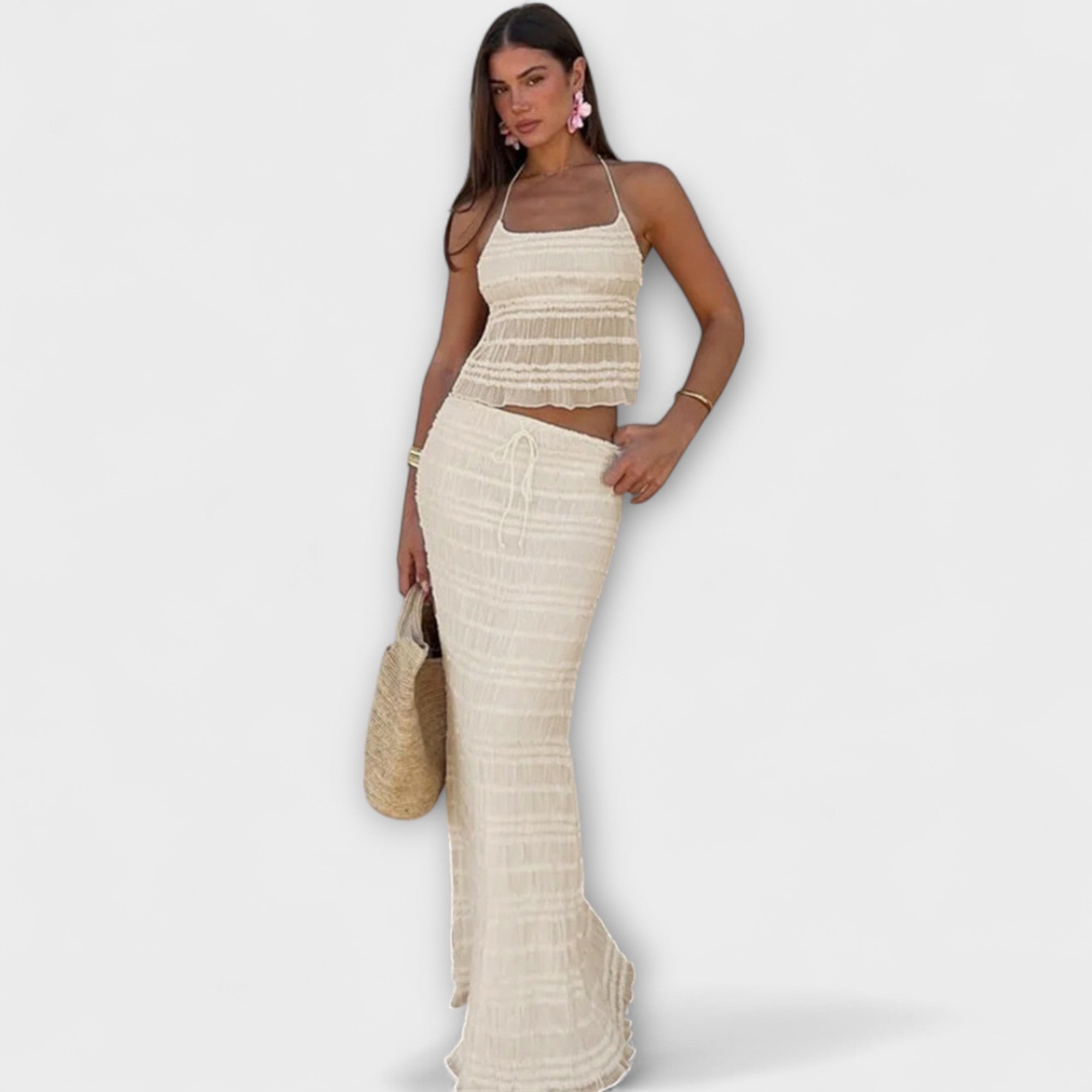 Women’s Maxi Dress Two-Piece Set, Sleeveless, V-Neck, Relaxed Fit, Cotton-Polyester Blend