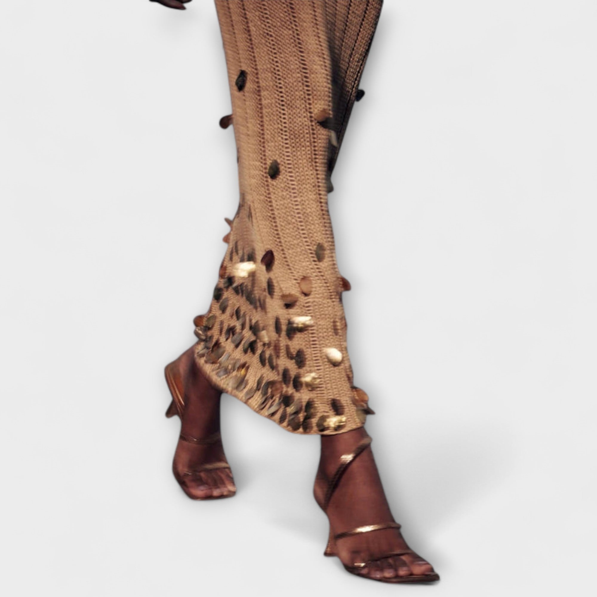 Women’s Maxi Dress, Viscose Jersey Knit, Long Sleeve with Sequin Detail, Deep Neckline, Adjustable Waist Drawstring