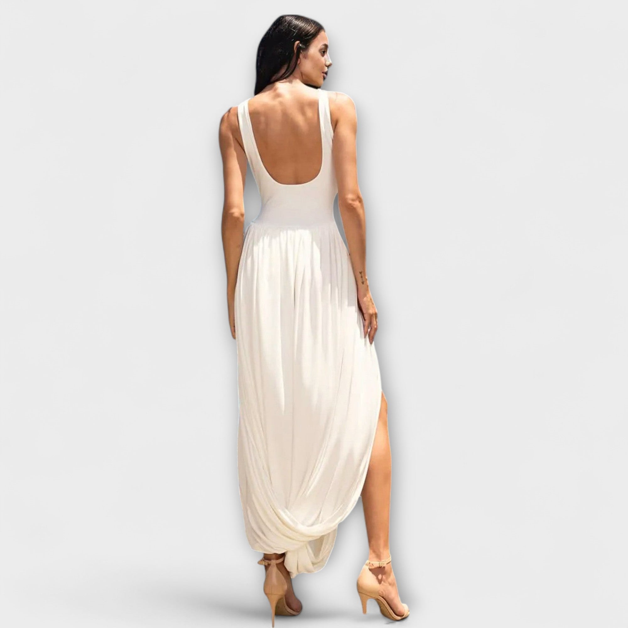 Women’s Maxi Dress, White, Sleeveless with Thick Straps, Scoop Neck, Draped Balloon Skirt with Ruffled Hem and Side Slit
