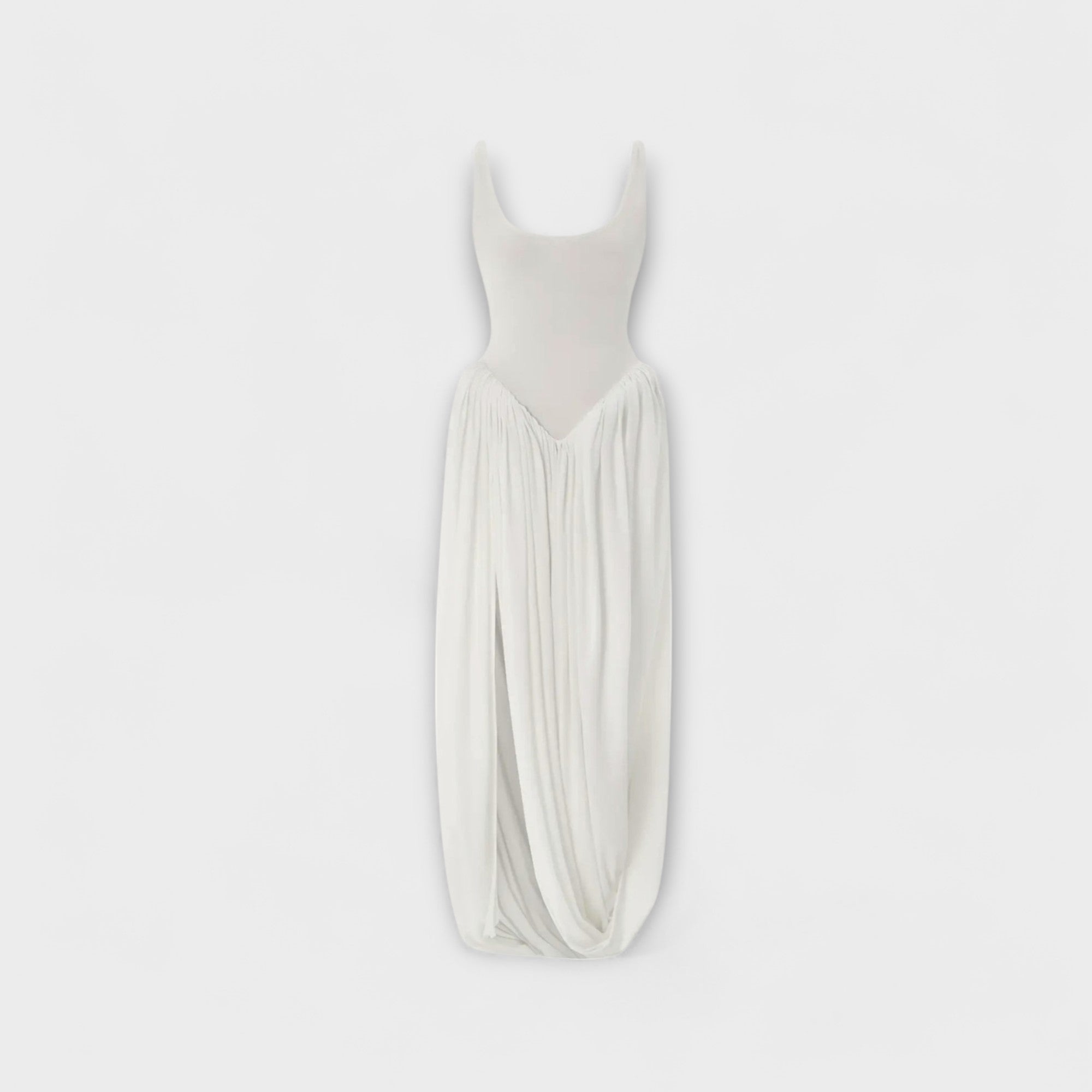 Women’s Maxi Dress, White, Sleeveless with Thick Straps, Scoop Neck, Draped Balloon Skirt with Ruffled Hem and Side Slit