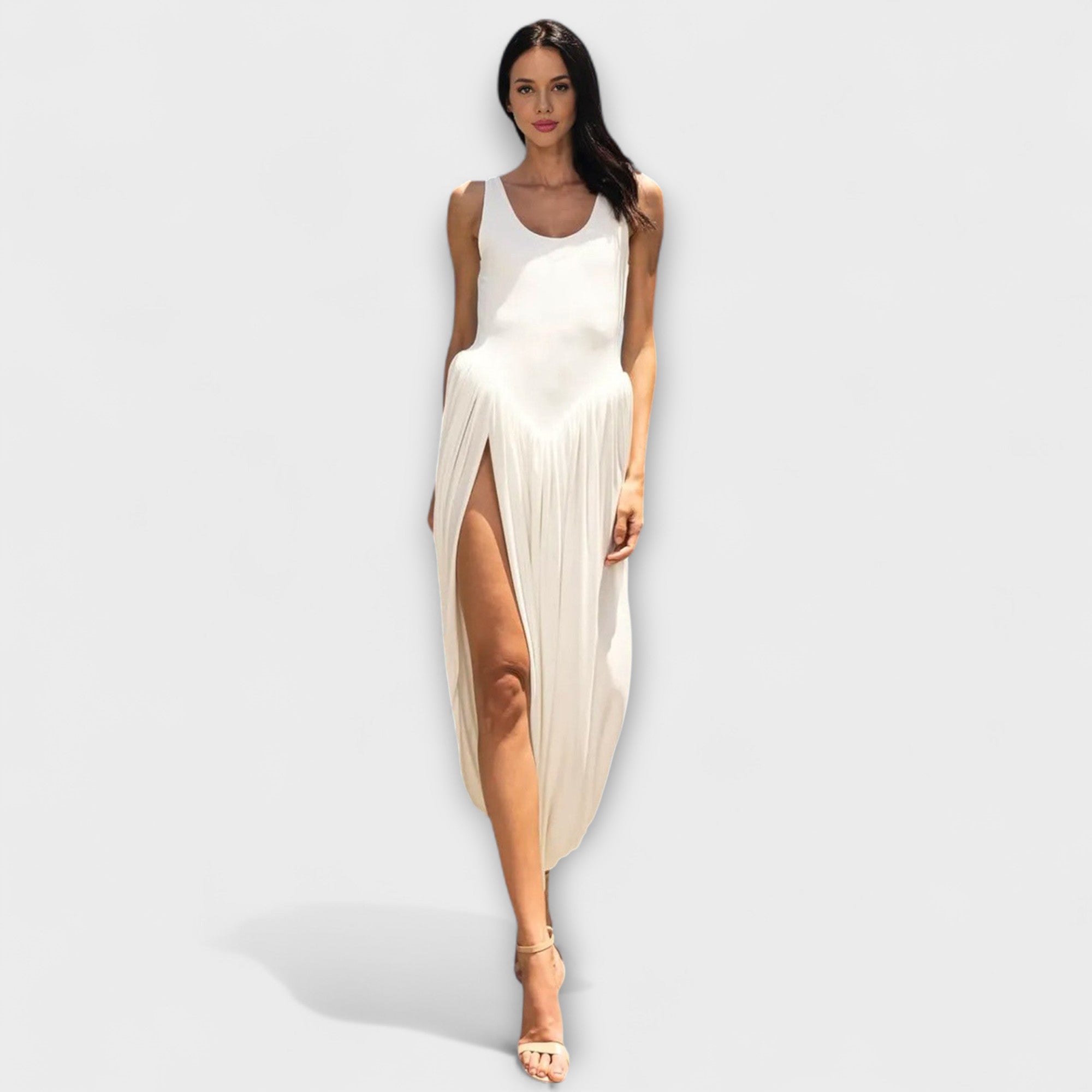 Women’s Maxi Dress, White, Sleeveless with Thick Straps, Scoop Neck, Draped Balloon Skirt with Ruffled Hem and Side Slit