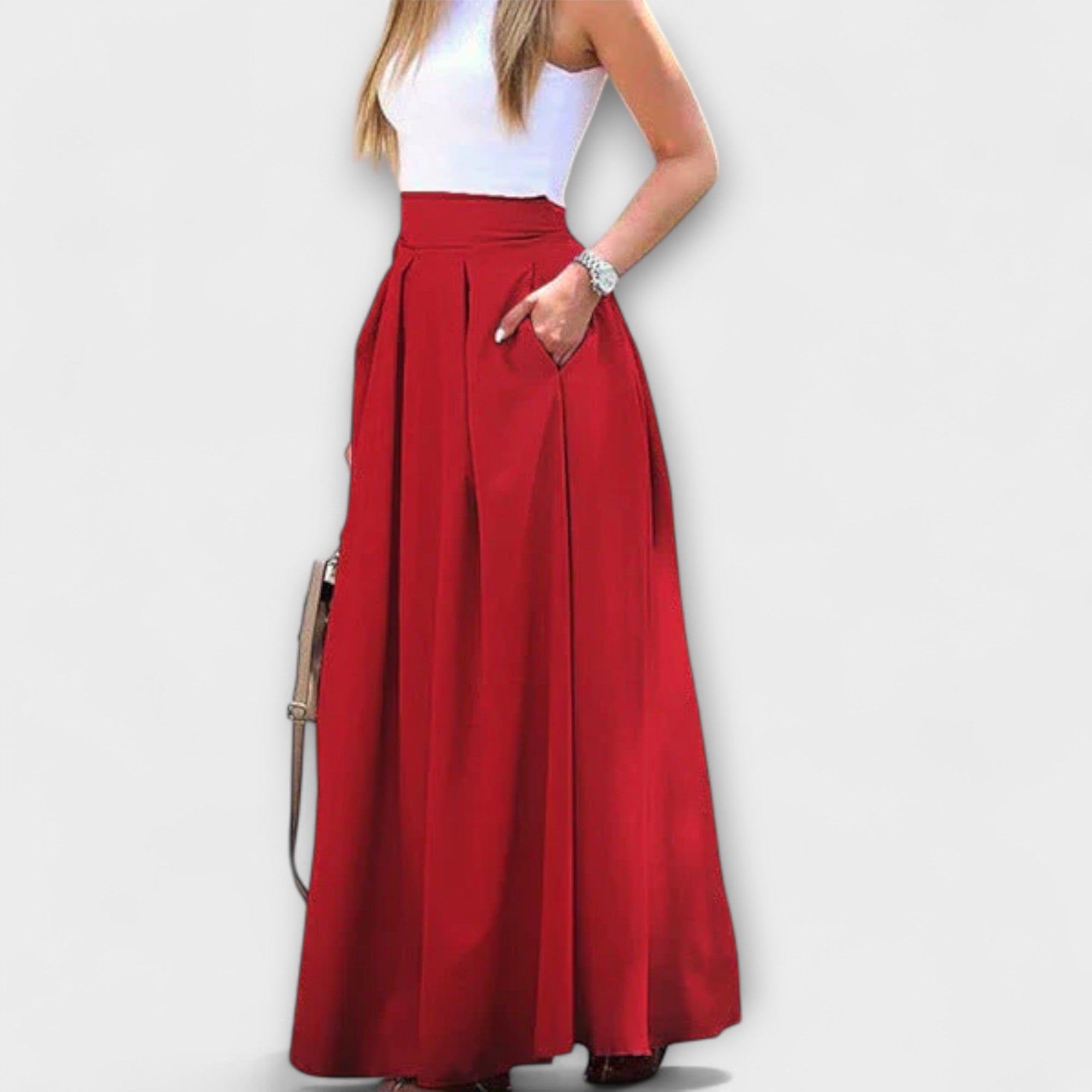 Women’s Maxi Skirt, High Waist Fit, Pleated A-Line Silhouette, Blend Material, Side Pockets, Stain-Resistant Fabric