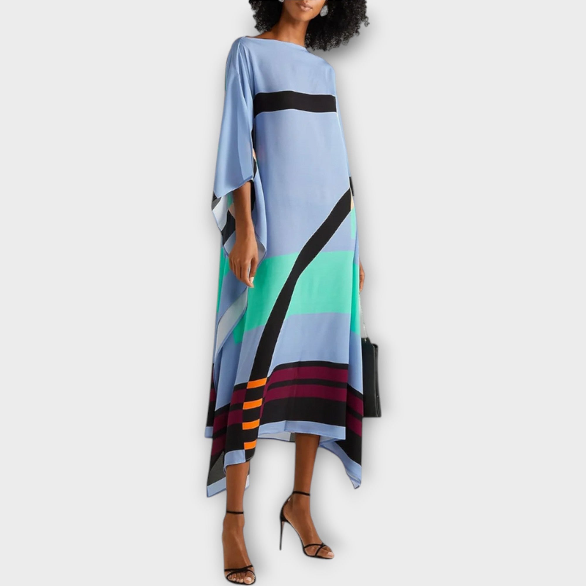 Women’s Mesh Kaftan Dress, Butterfly Sleeves, Round Neckline, Relaxed Fit, Geometric Pattern