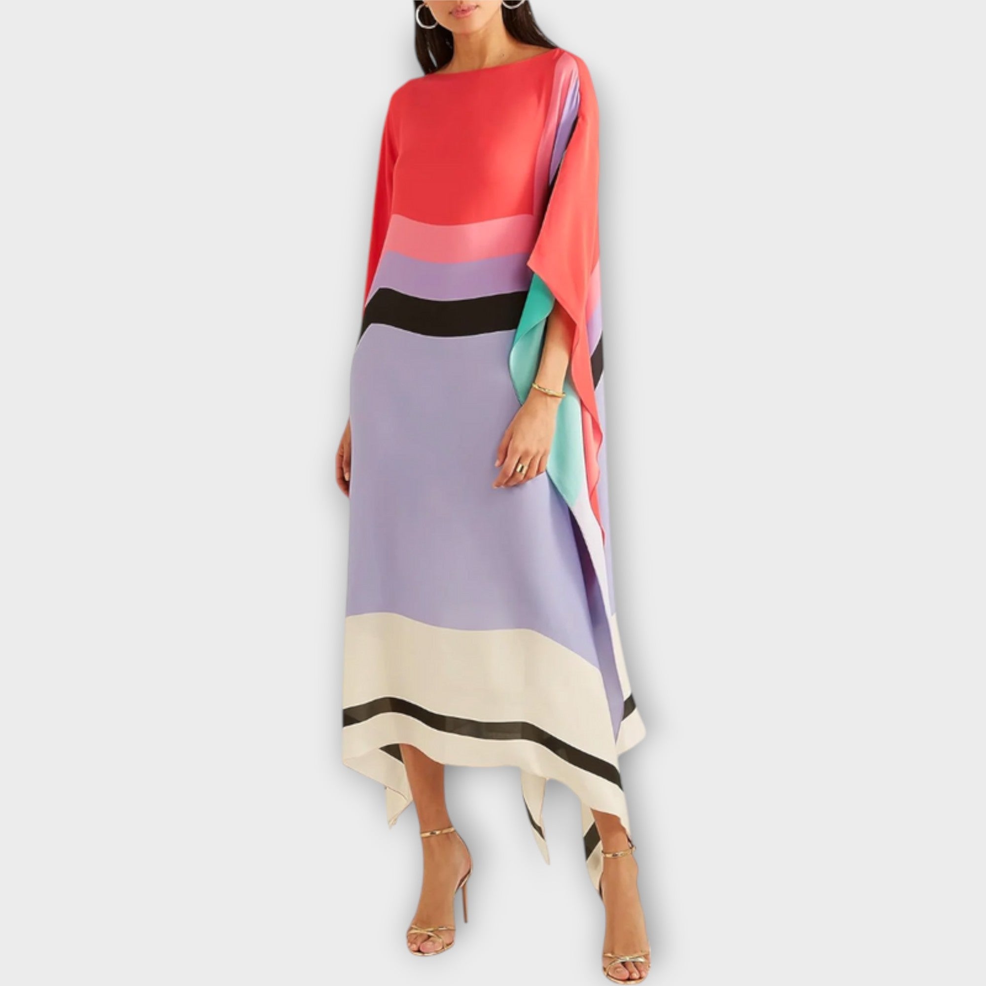 Women’s Mesh Kaftan Dress, Butterfly Sleeves, Round Neckline, Relaxed Fit, Geometric Pattern