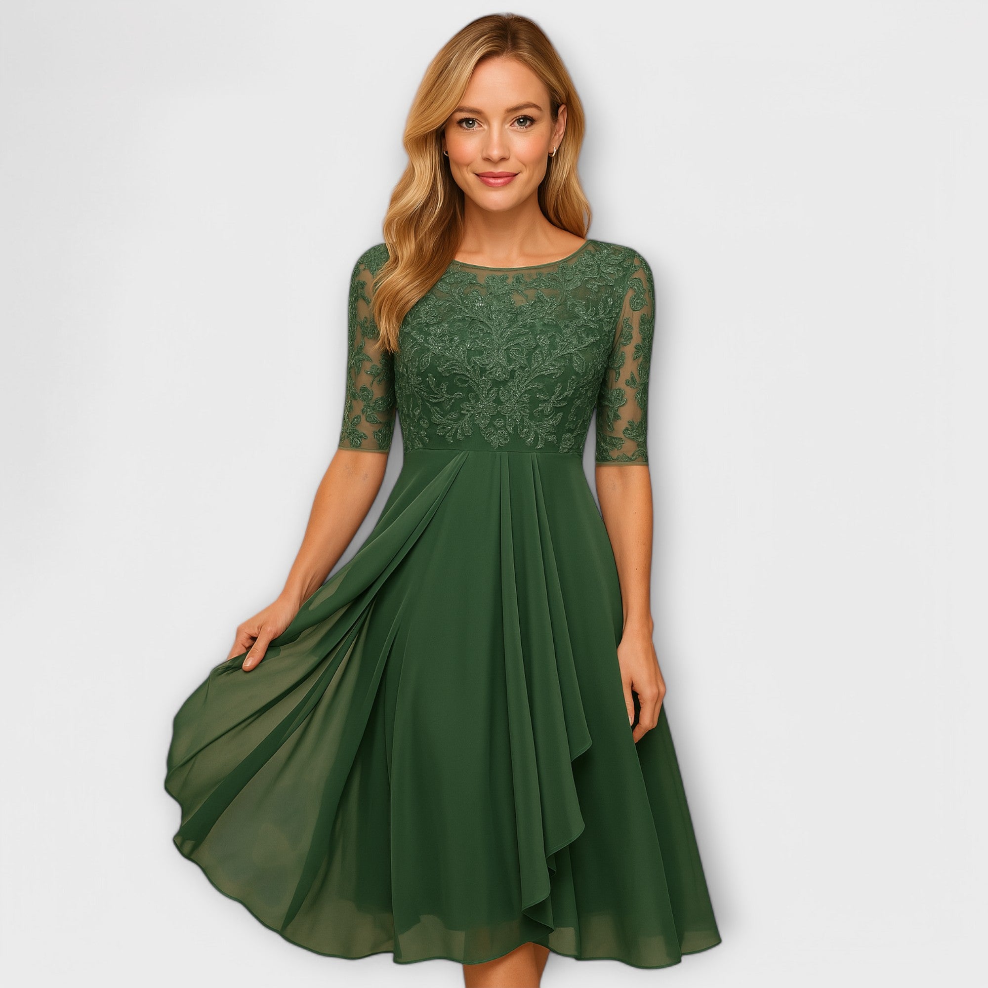 Women’s Mid-Length Dress, Embroidered Bodice, Short Sleeves, Comfortable Fit, Soft Durable Fabric, Multiple Colors