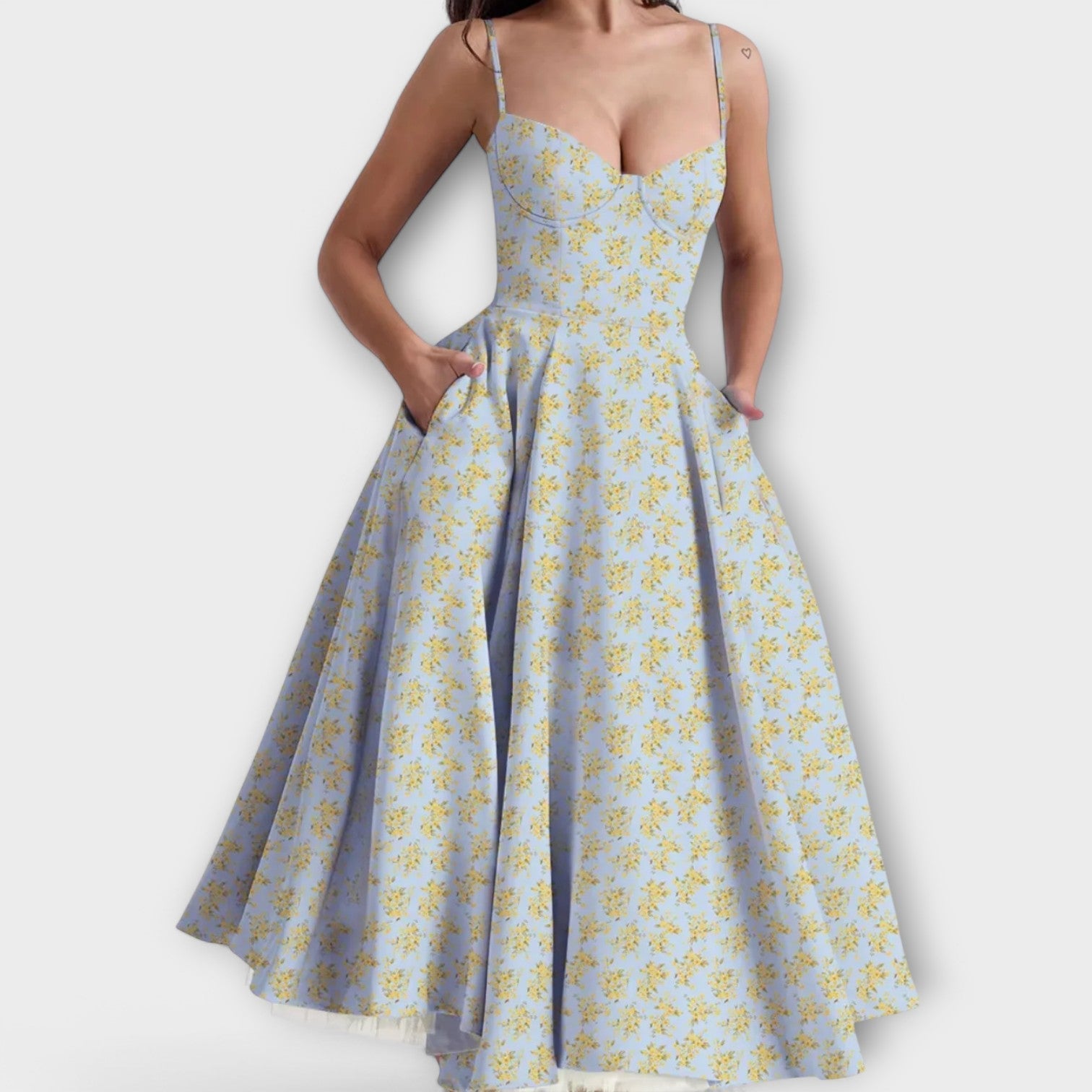 Women’s Midi Dress, Blue, Sleeveless, Strappy Neckline, Fitted, Lightweight Breathable Fabric