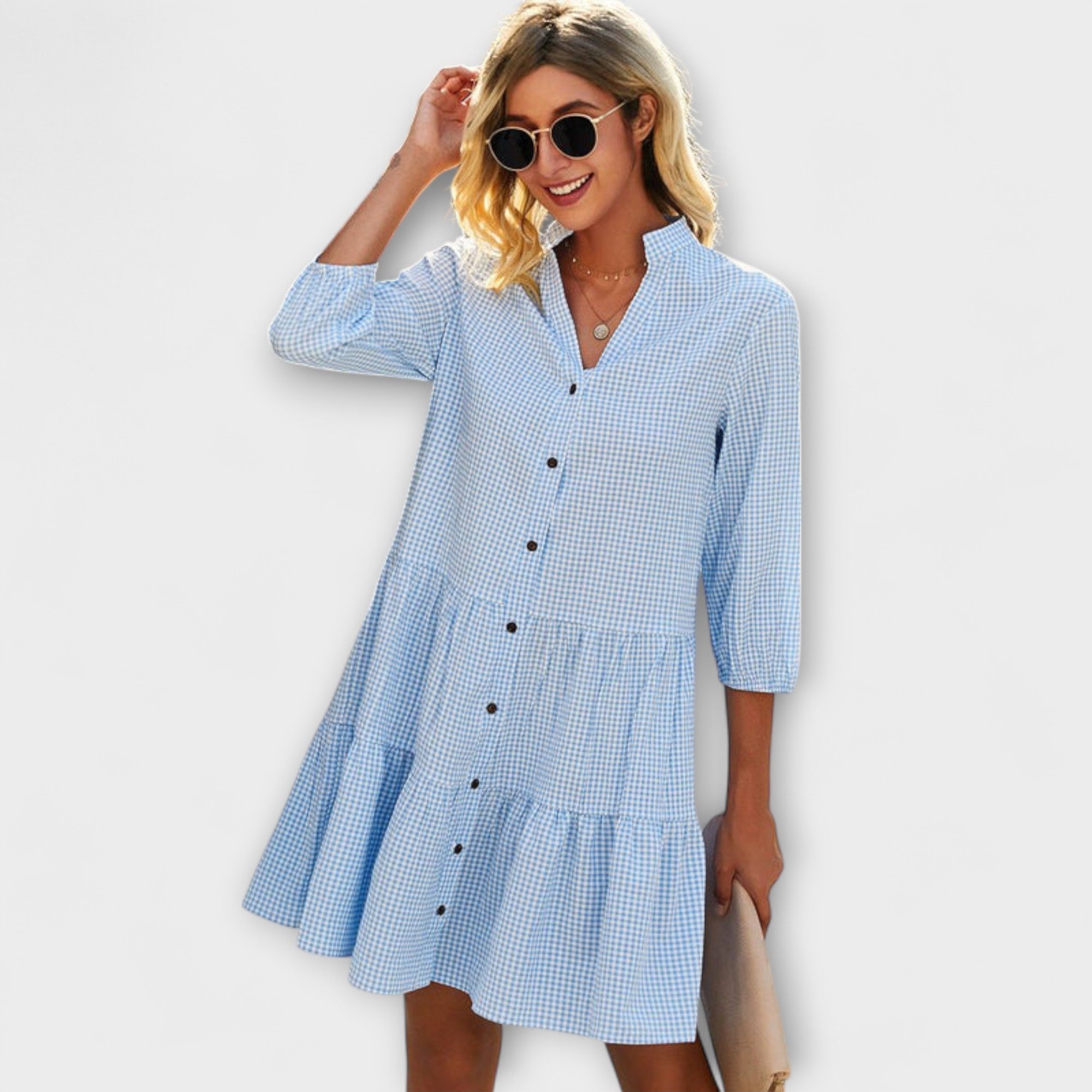 Women’s Midi Dress Blue White Check Pattern Sleeveless Crew Neck Relaxed Fit Lightweight Breathable