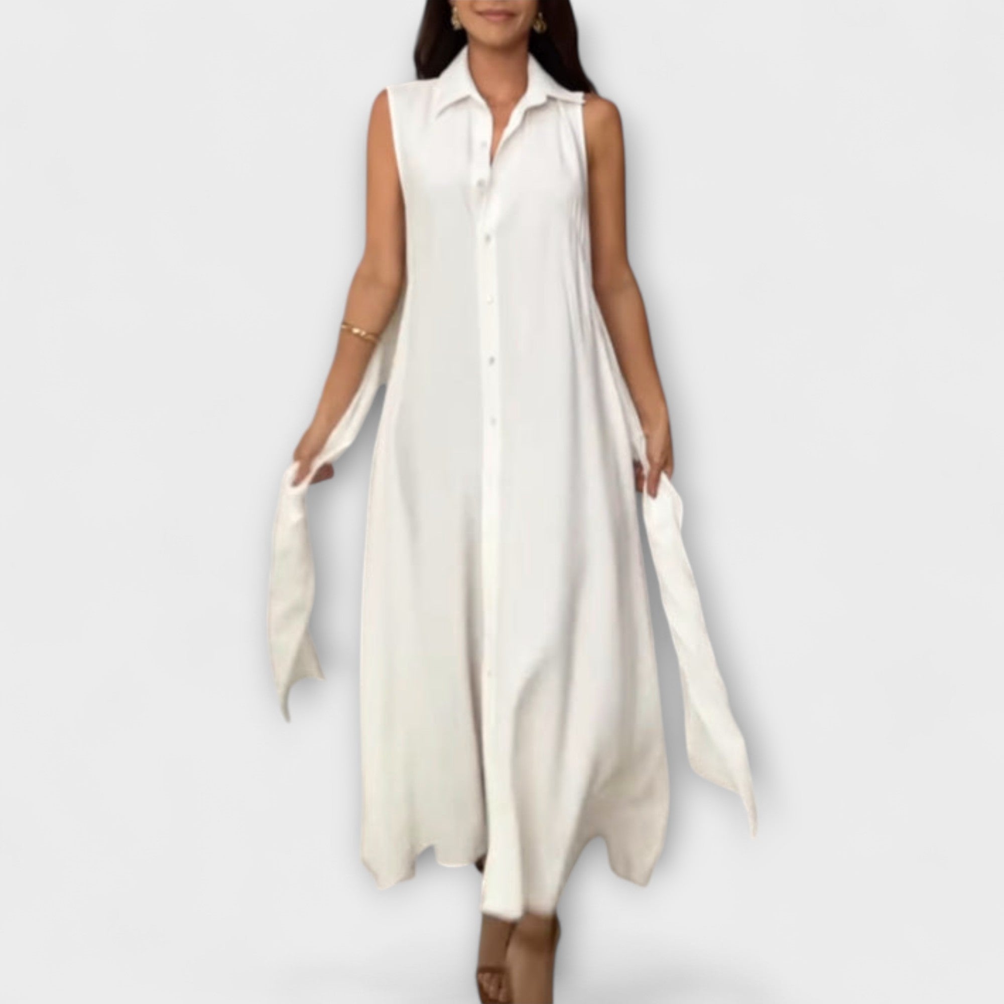 Women’s Midi Dress, Collar Neckline, Tie Waist Fit, Monochrome, Button-Down Front, Sleeve Not Specified