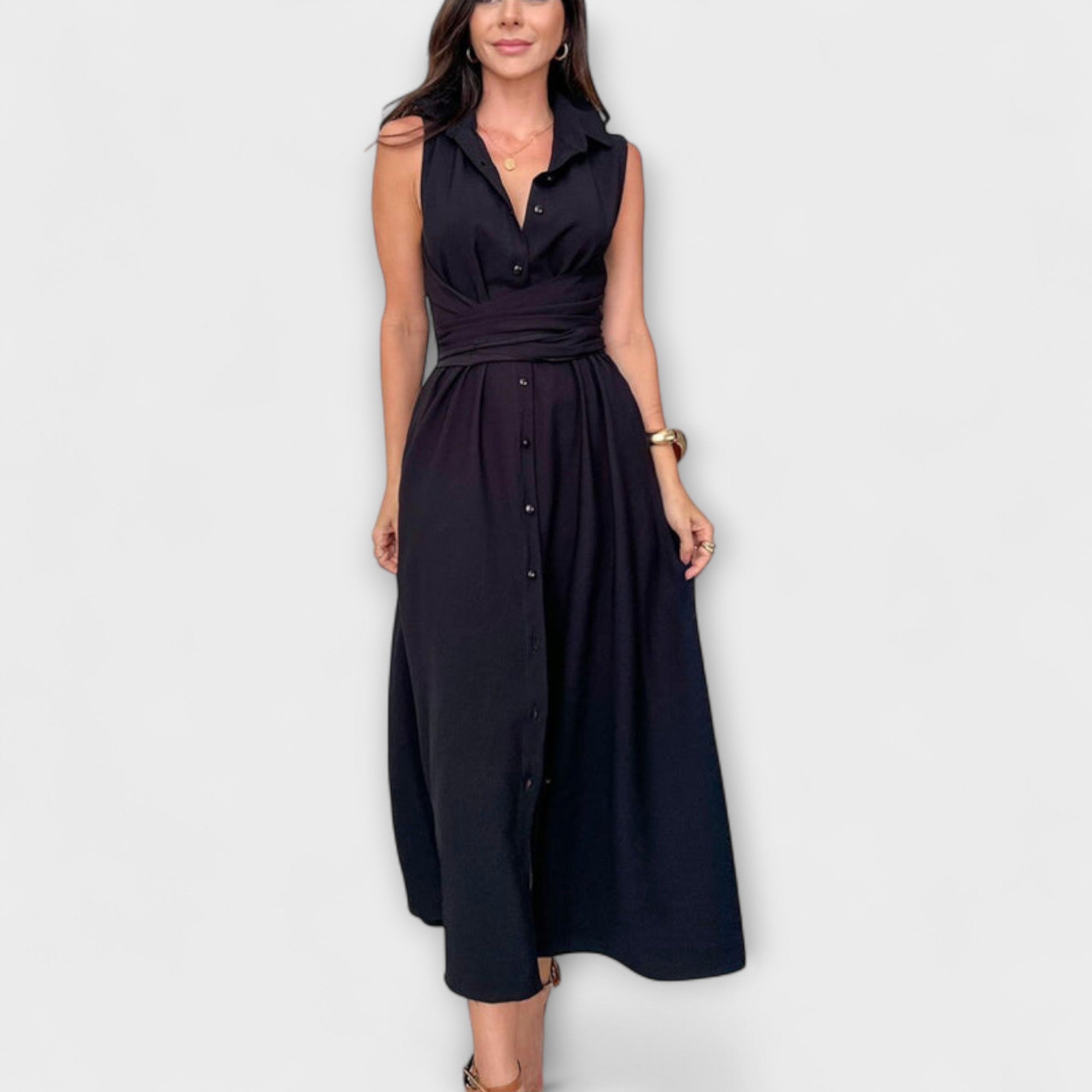 Women’s Midi Dress, Collar Neckline, Tie Waist Fit, Monochrome, Button-Down Front, Sleeve Not Specified