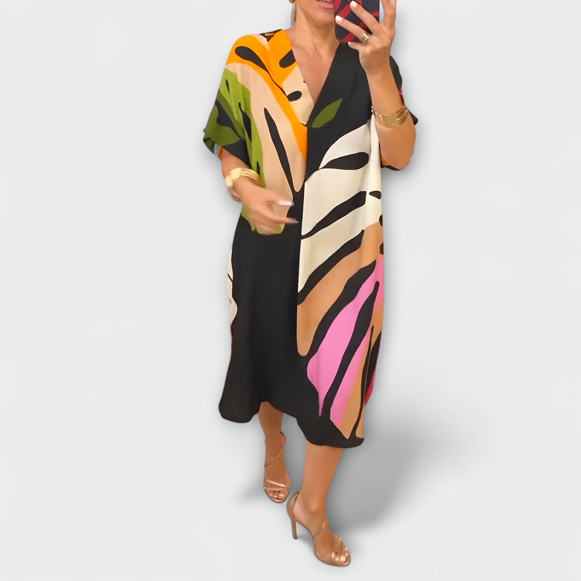 Women’s Midi Dress, Leaf Print, V-Neck, Short Sleeve, Relaxed Fit, Lightweight Breathable Fabric