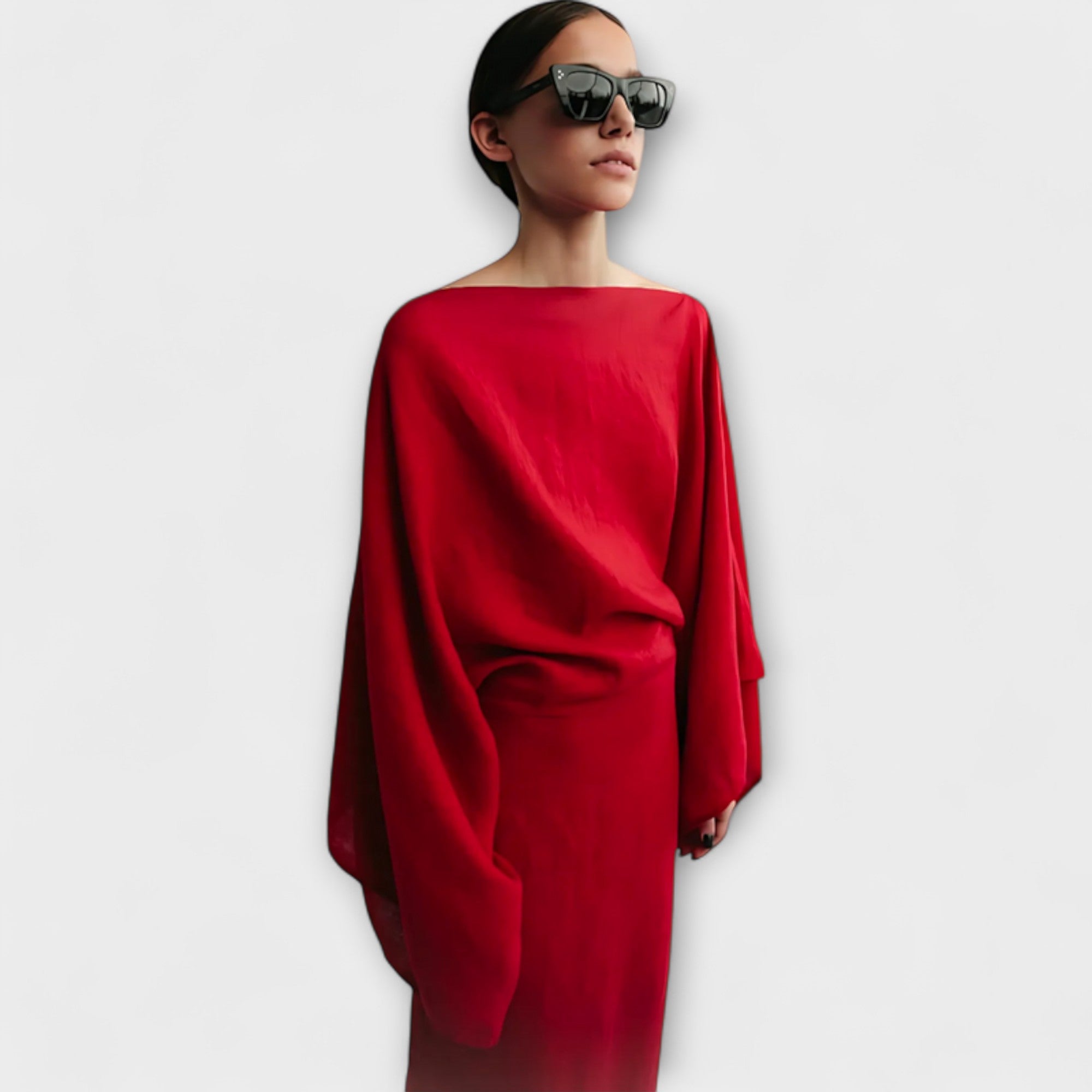 Women’s Midi Dress Linen Cotton Blend, Kimono Style, Wide Sleeves, Crossed Neckline, Belted Fit