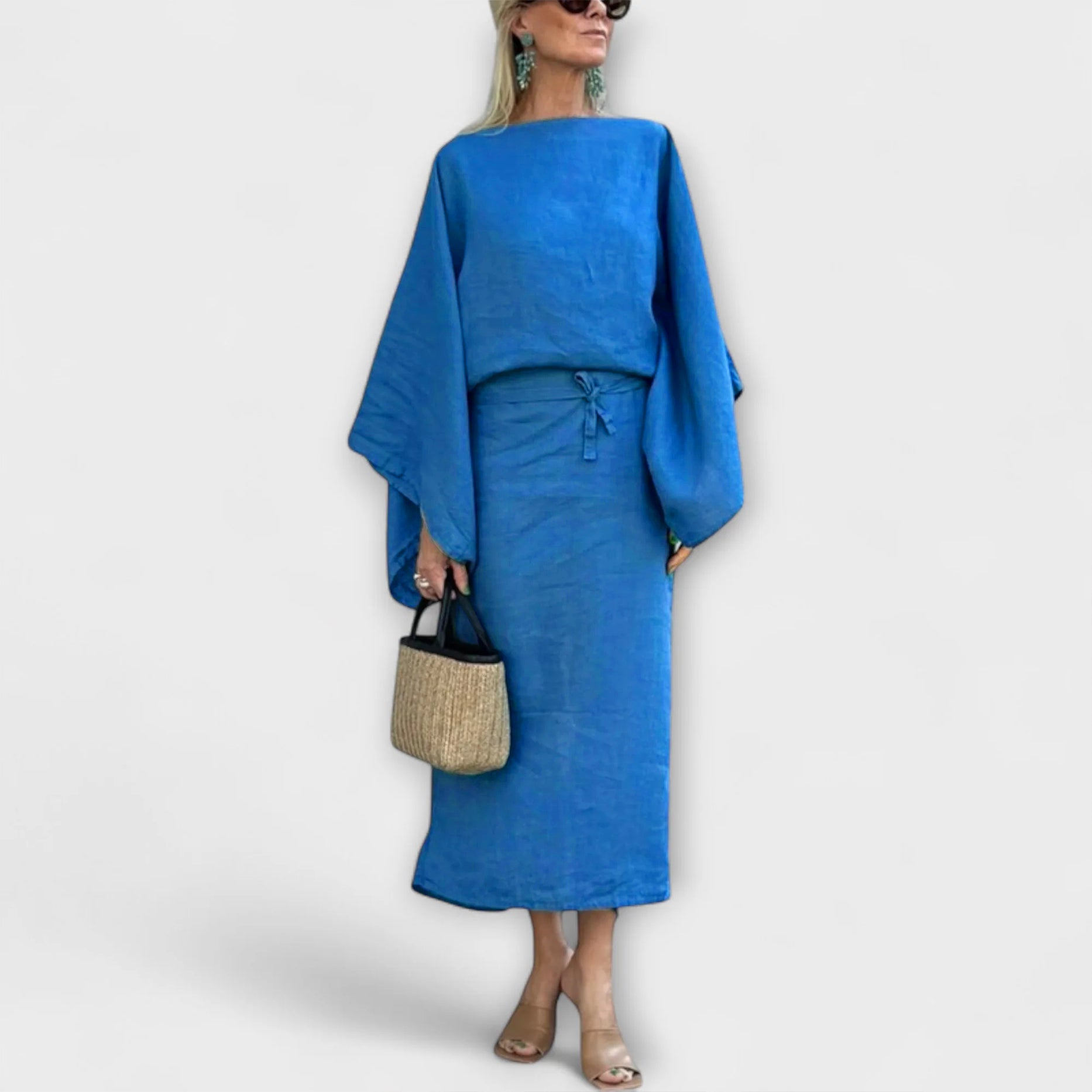 Women’s Midi Dress Linen Cotton Blend, Kimono Style, Wide Sleeves, Crossed Neckline, Belted Fit