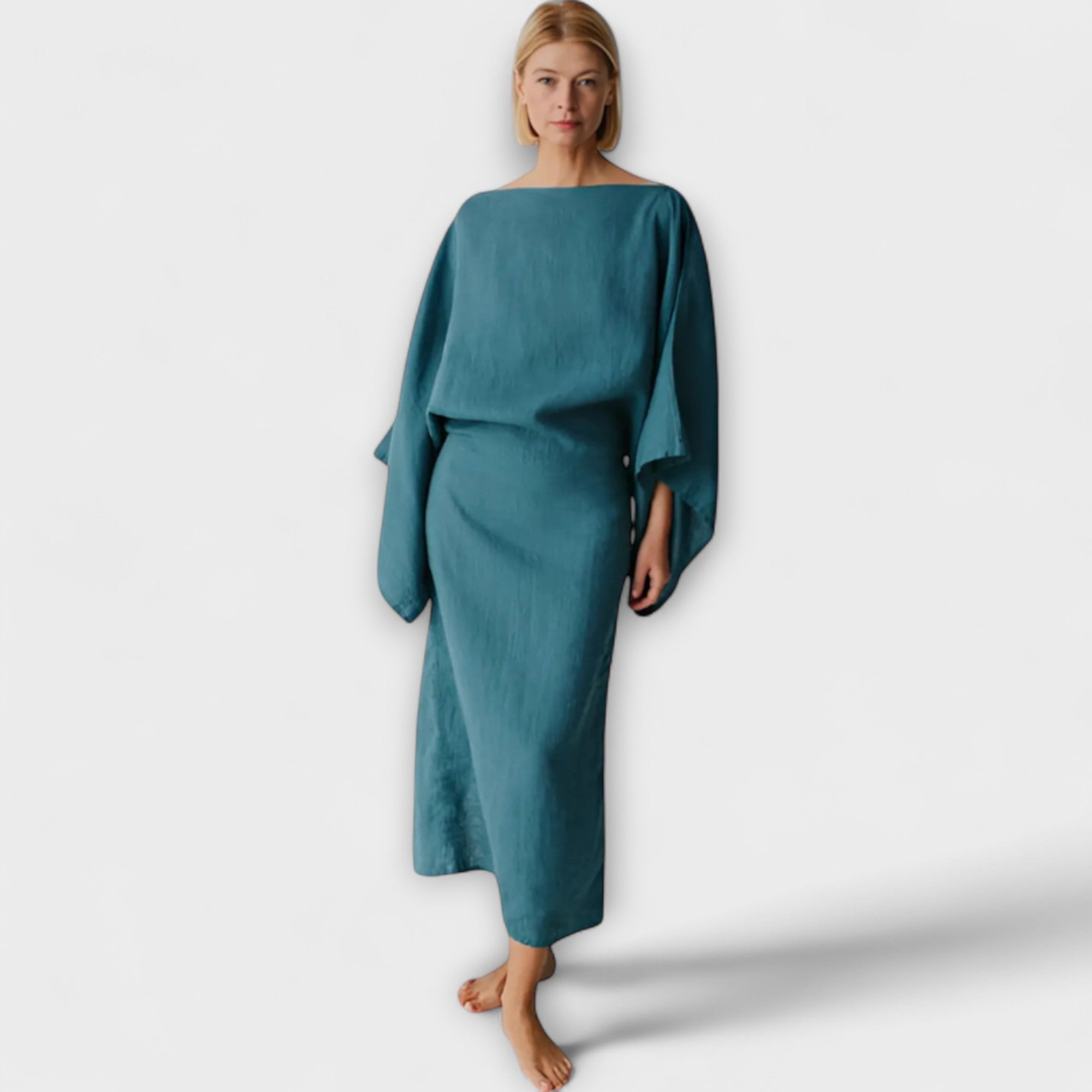 Women’s Midi Dress Linen Cotton Blend, Kimono Style, Wide Sleeves, Crossed Neckline, Belted Fit