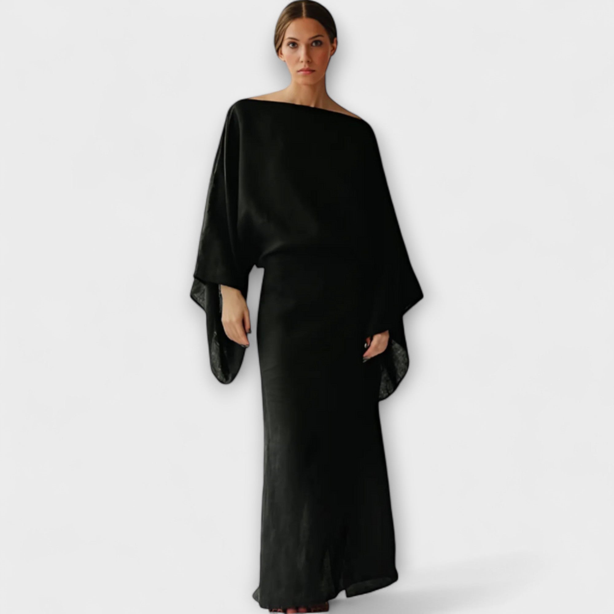 Women’s Midi Dress Linen Cotton Blend, Kimono Style, Wide Sleeves, Crossed Neckline, Belted Fit