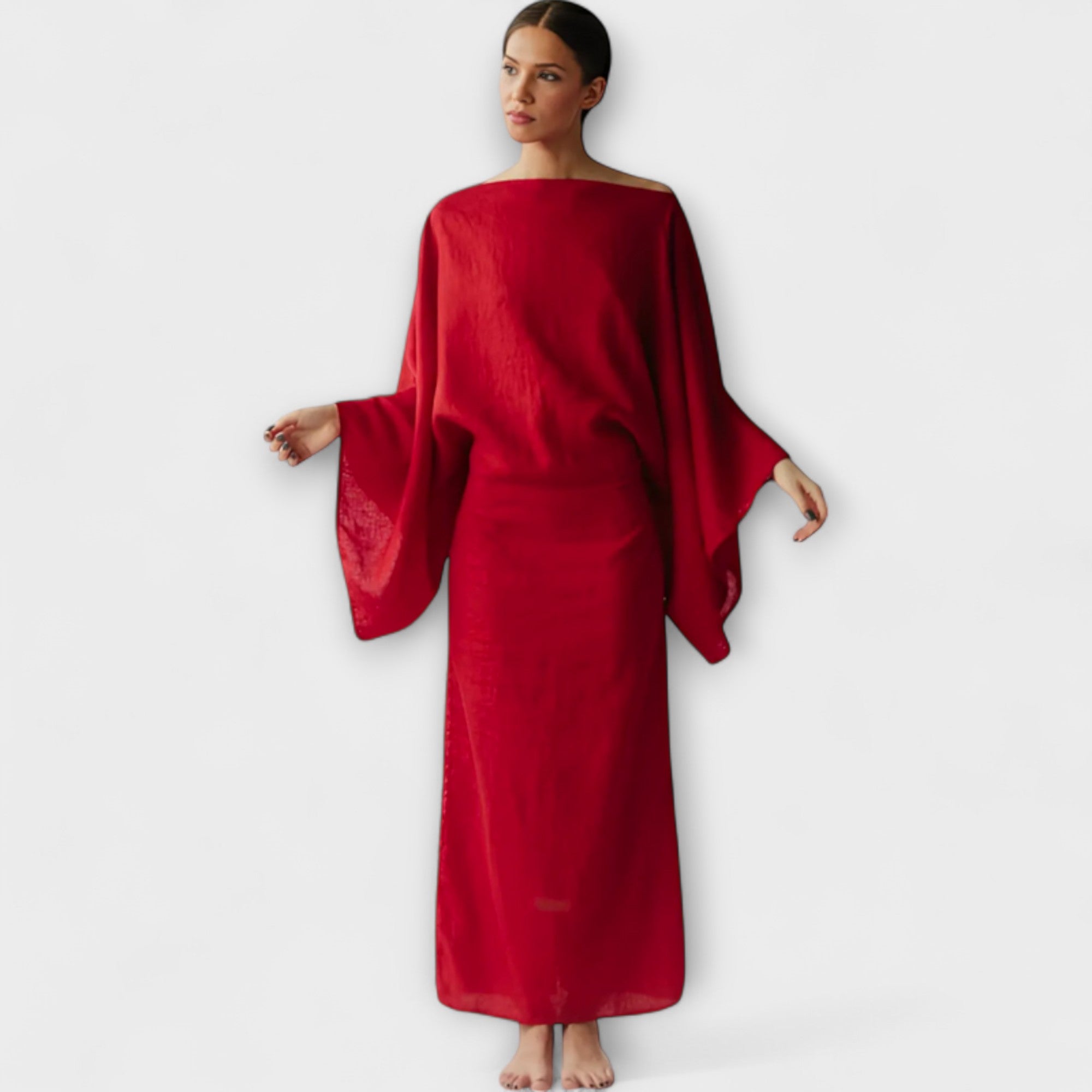 Women’s Midi Dress Linen Cotton Blend, Kimono Style, Wide Sleeves, Crossed Neckline, Belted Fit