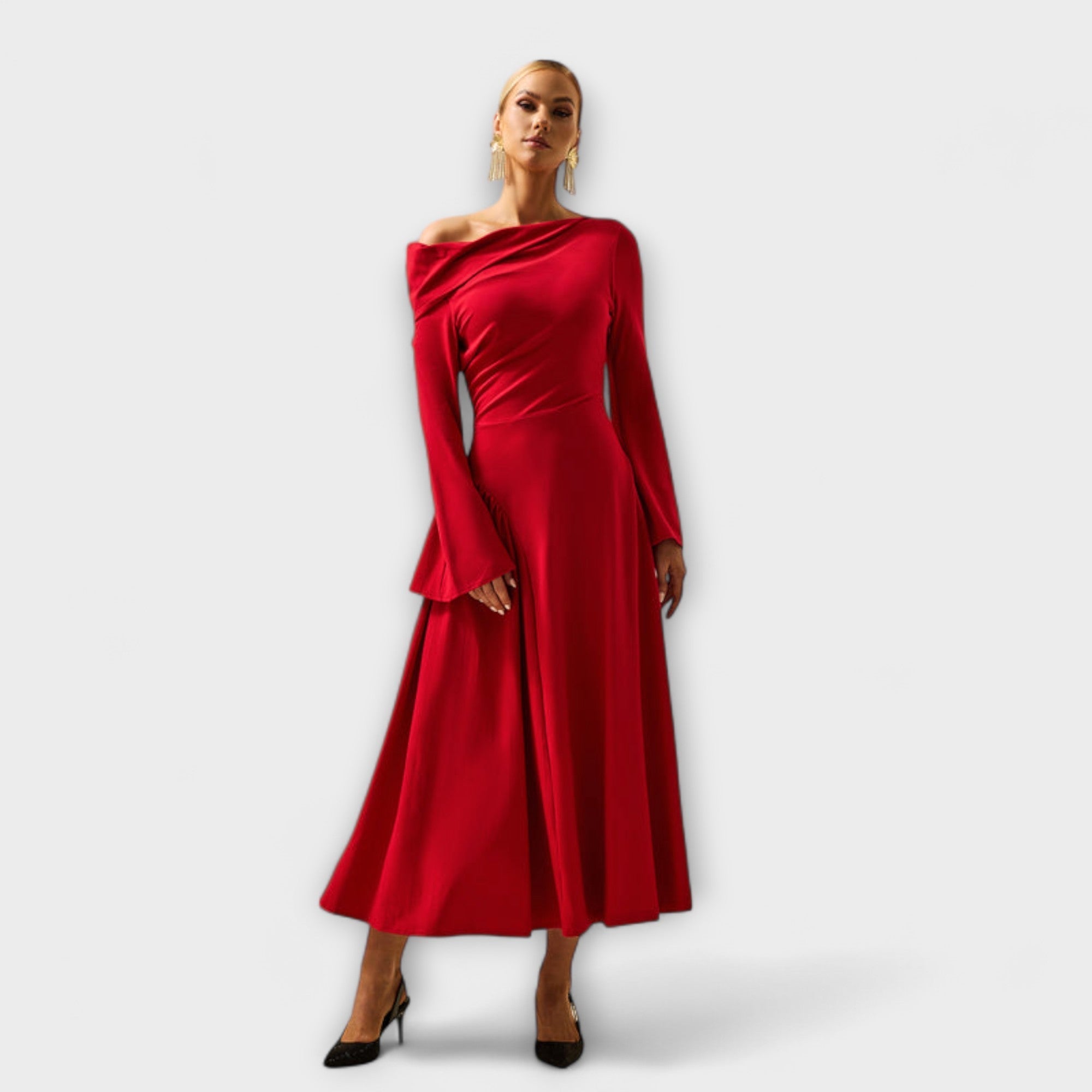 Women’s Midi Dress, Monochromatic with Lace Accents, V-Neck, Ruffled Long Sleeves, Sophisticated Fit