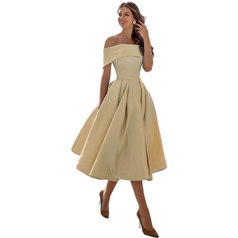 Women’s Midi Dress, Off-the-Shoulder Sleeves, Sweetheart Neckline, Fitted Bodice, Flared Hem