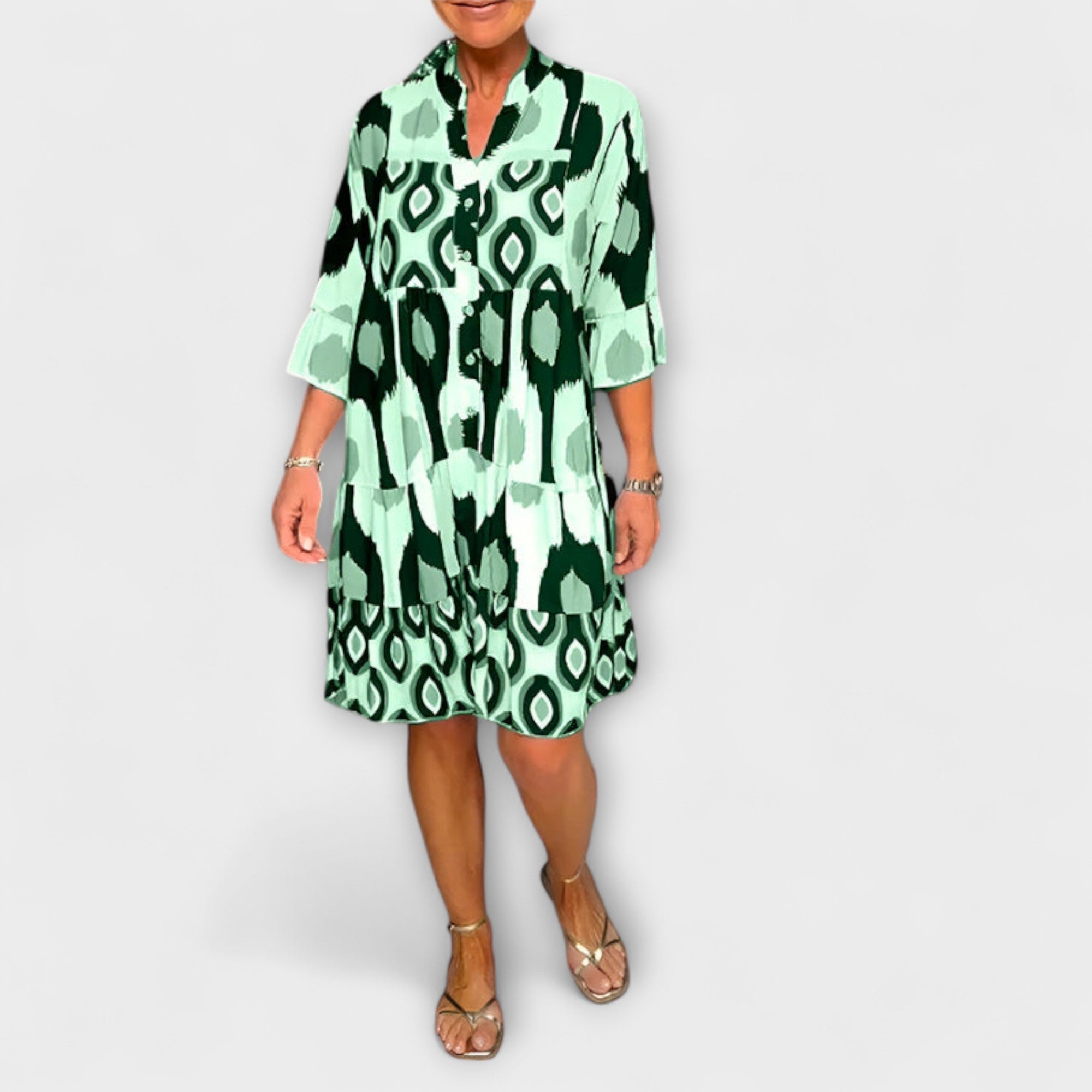 Women’s Midi Dress, Patterned, V-Neckline with Buttons, Three-Quarter Sleeve, Breathable Comfortable Fit, Layered Skirt