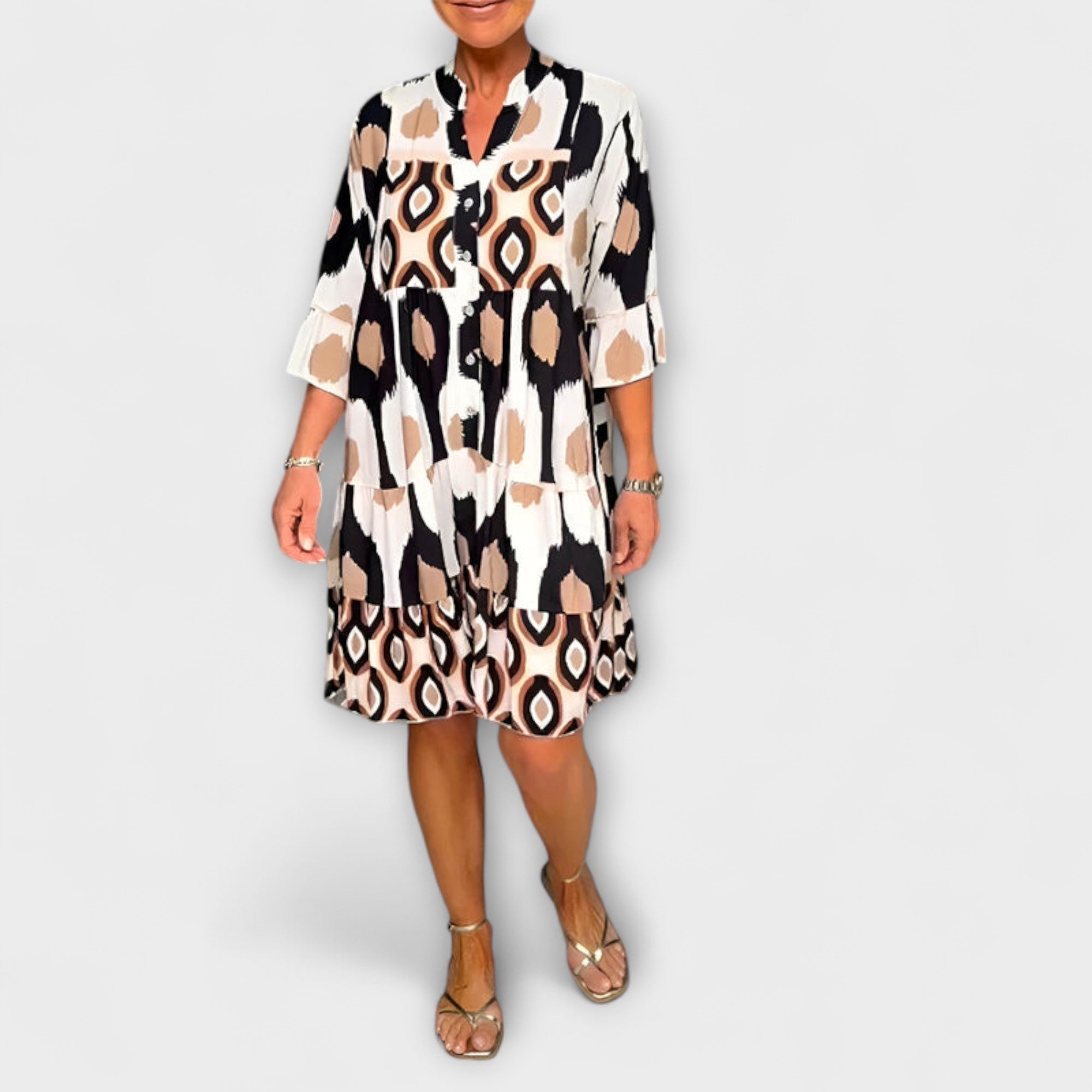 Women’s Midi Dress, Patterned, V-Neckline with Buttons, Three-Quarter Sleeve, Breathable Comfortable Fit, Layered Skirt