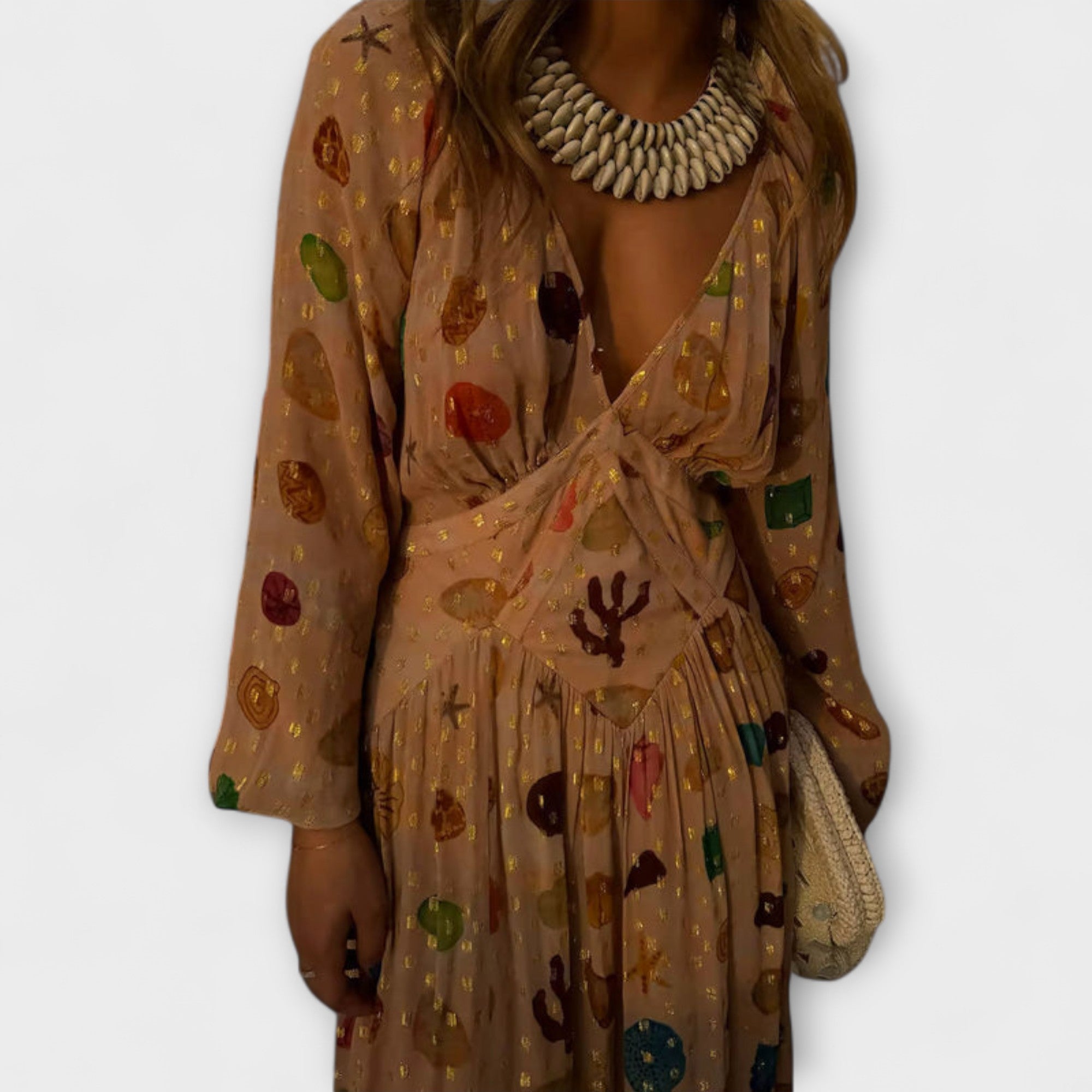 Women’s Midi Dress Shell Print Viscose Blend Long Sleeve Corset Fit Adjustable Neckline