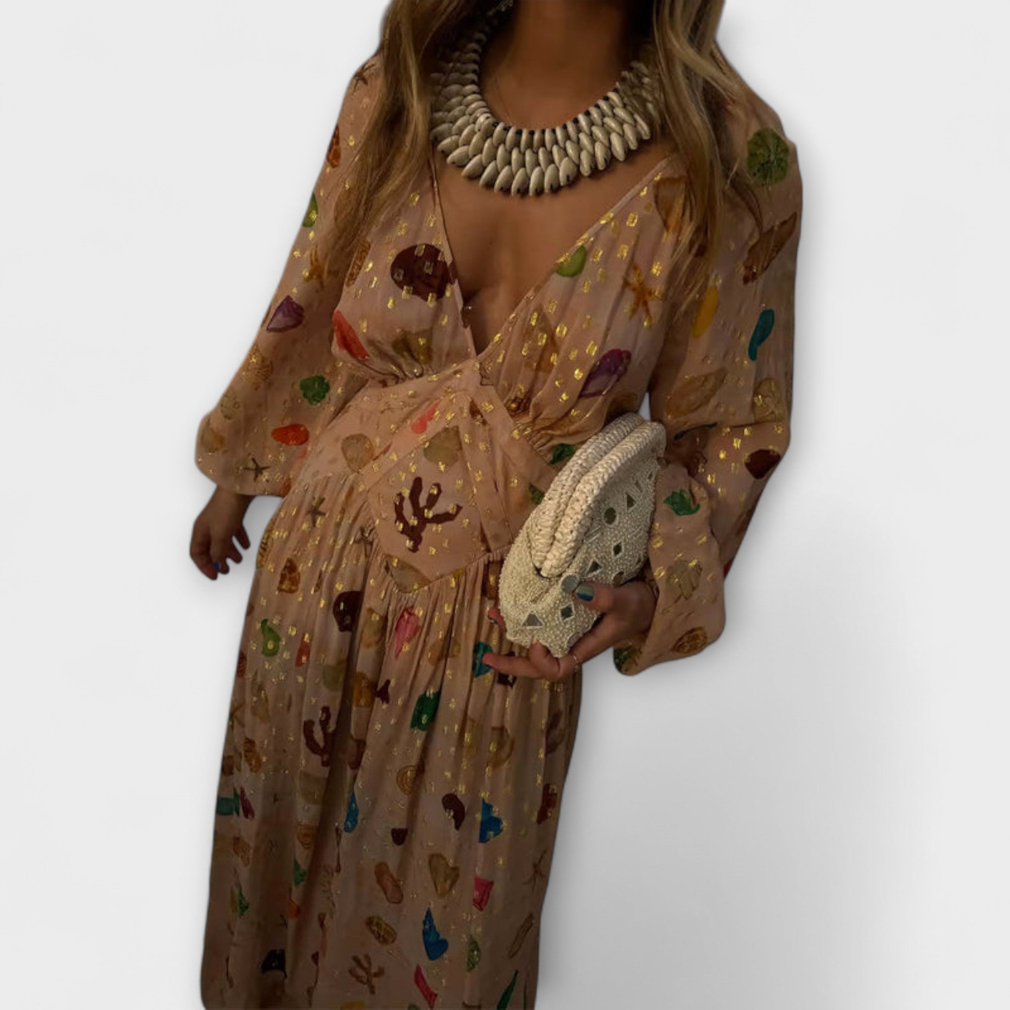 Women’s Midi Dress Shell Print Viscose Blend Long Sleeve Corset Fit Adjustable Neckline