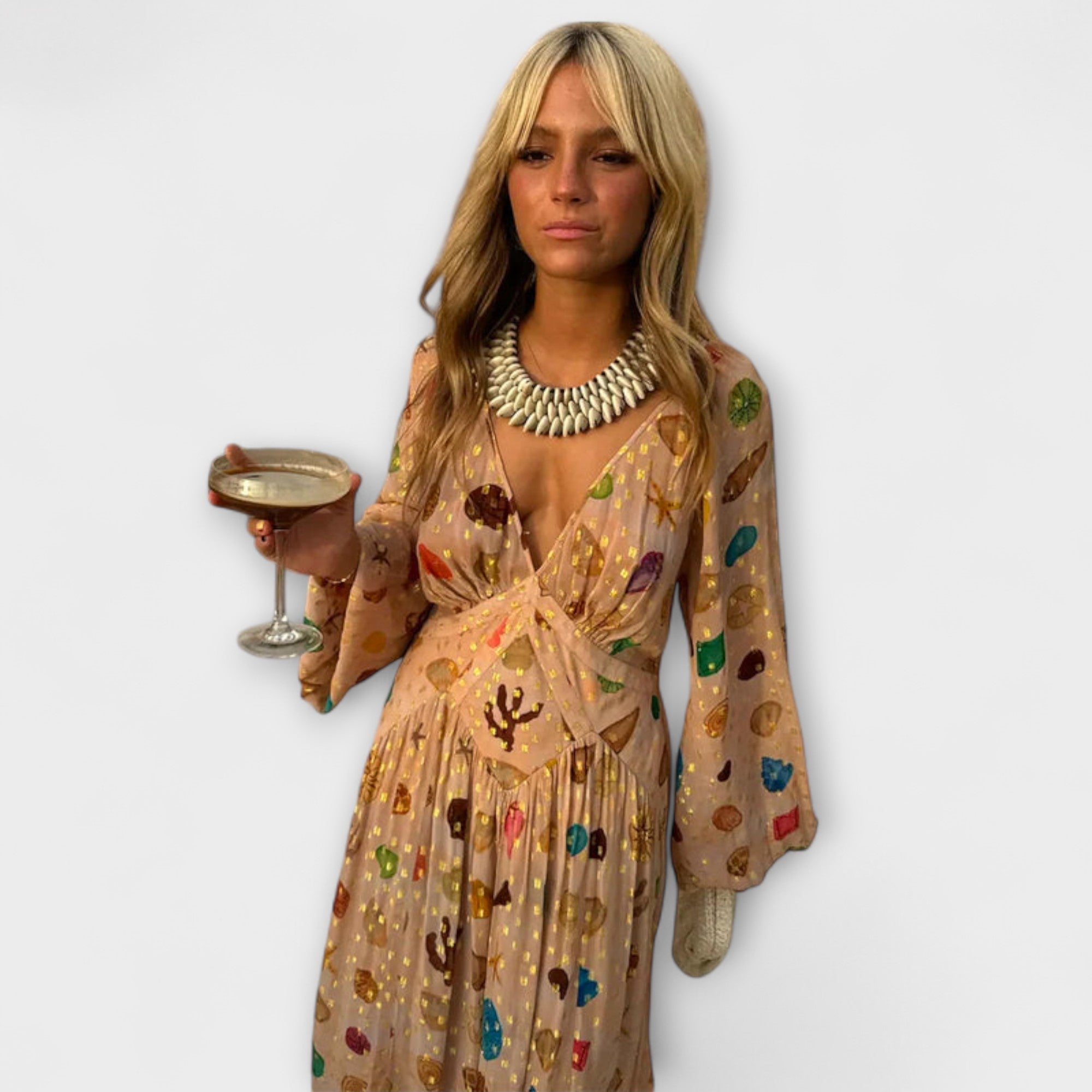 Women’s Midi Dress Shell Print Viscose Blend Long Sleeve Corset Fit Adjustable Neckline