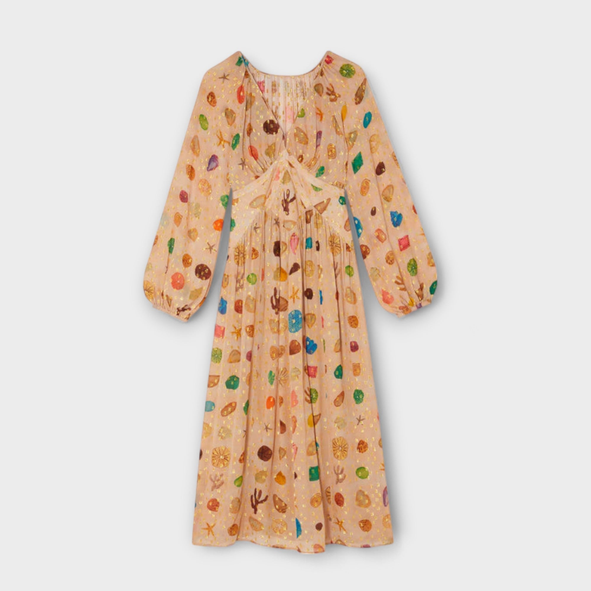 Women’s Midi Dress Shell Print Viscose Blend Long Sleeve Corset Fit Adjustable Neckline