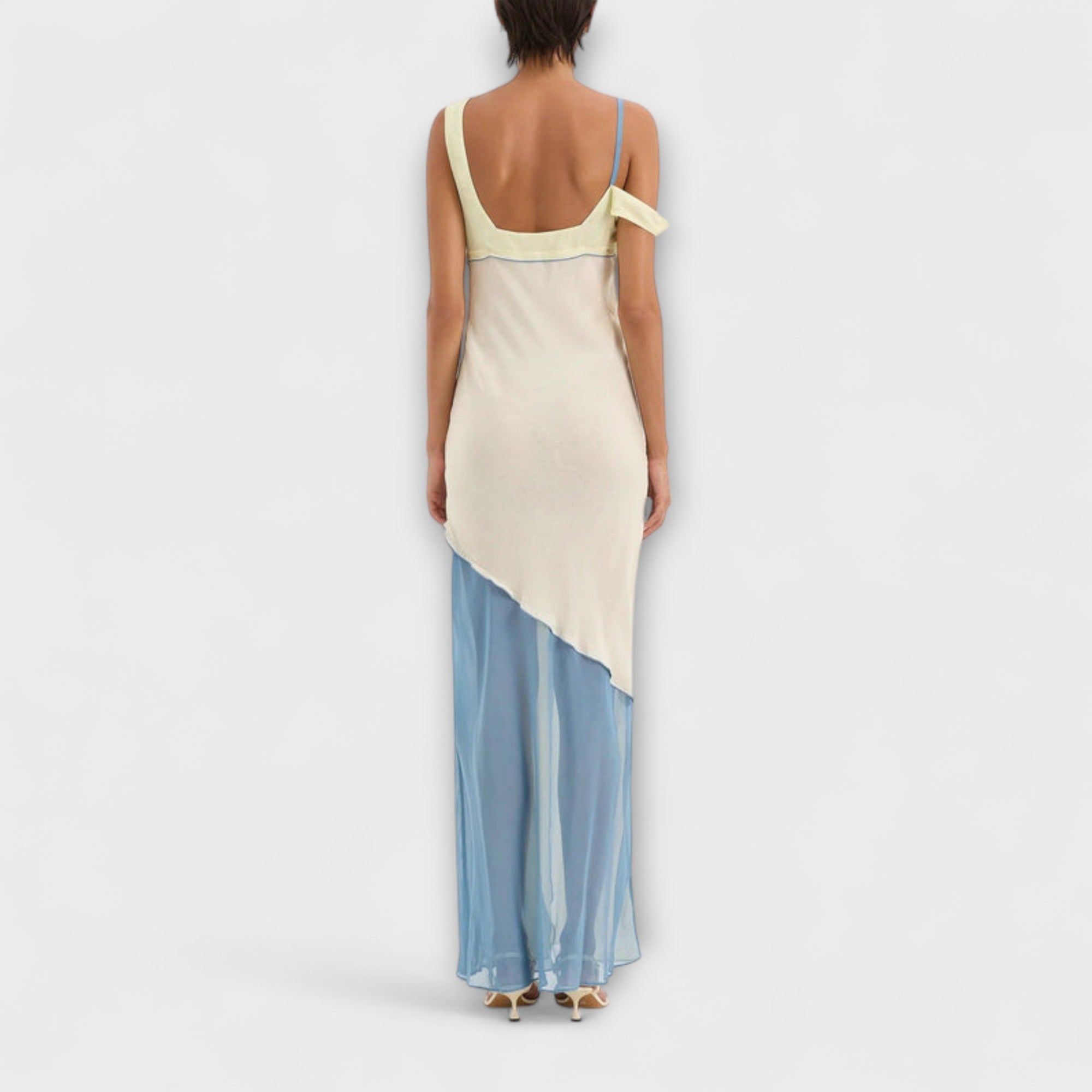 Women’s Midi Dress Sleeveless Asymmetric Neckline Fit Chiffon Ecru and Blue