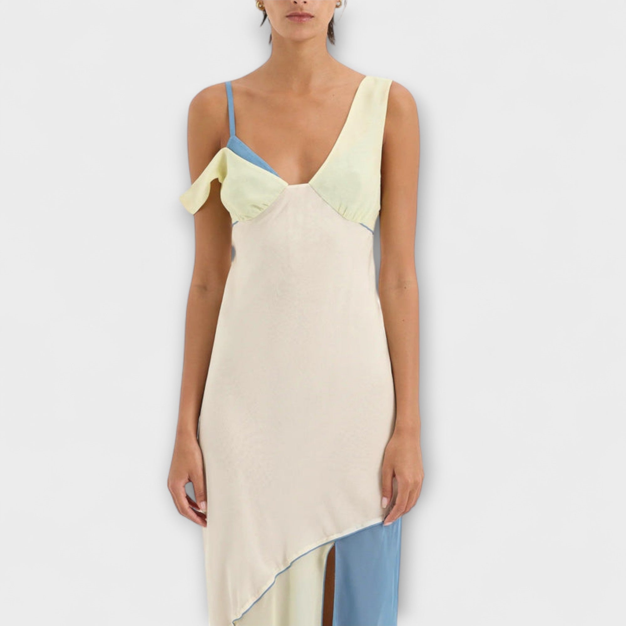 Women’s Midi Dress Sleeveless Asymmetric Neckline Fit Chiffon Ecru and Blue