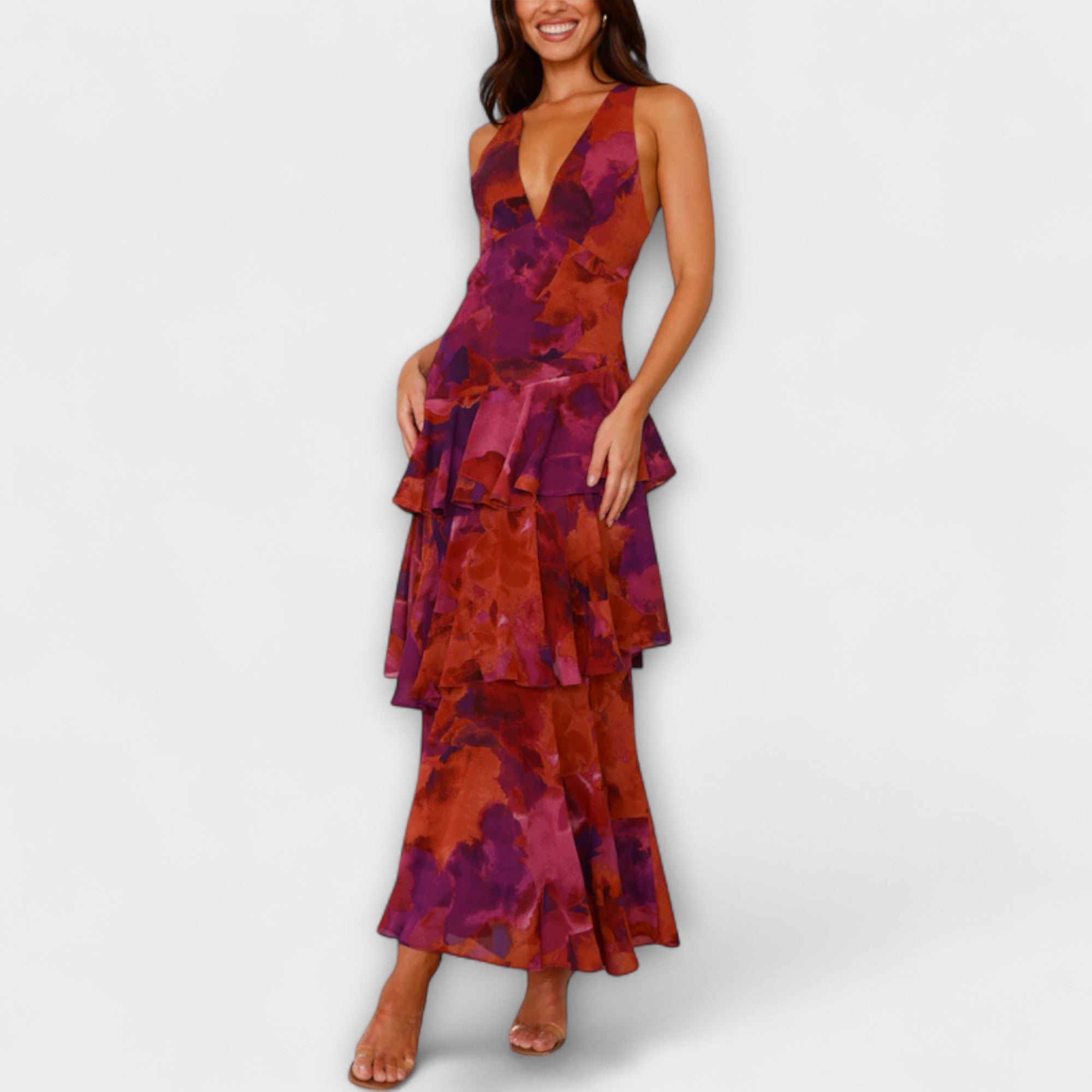 Women’s Midi Dress, Sleeveless, Deep V-Neckline, Casual Fit, Breathable Chiffon, Gem-Inspired Tones