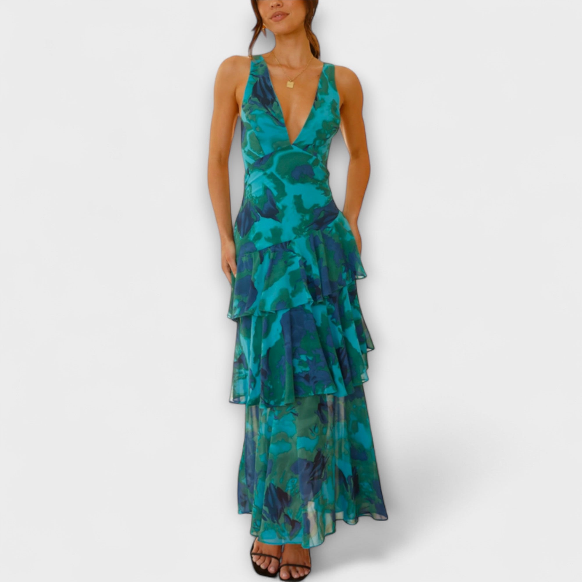 Women’s Midi Dress, Sleeveless, Deep V-Neckline, Casual Fit, Breathable Chiffon, Gem-Inspired Tones