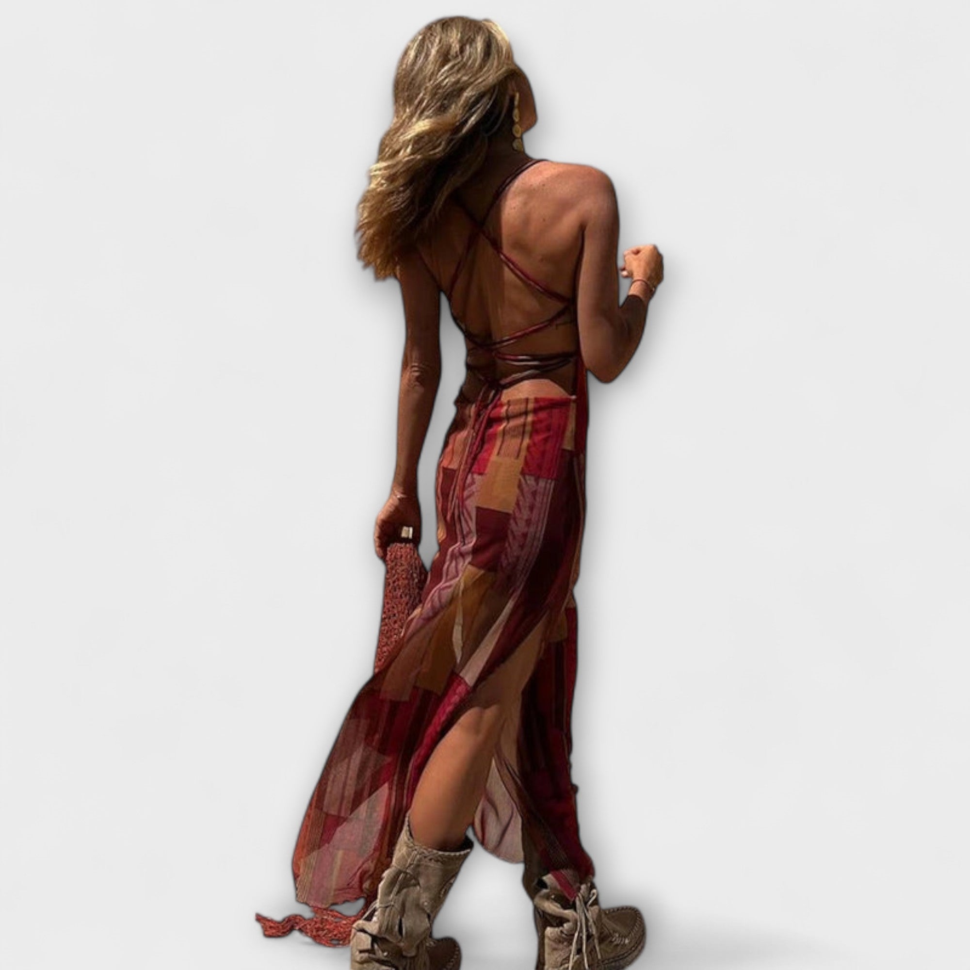 Women’s Midi Dress, Sleeveless, Elegant Cowl Neck, Lace-Up Back, Casual Soft Cut