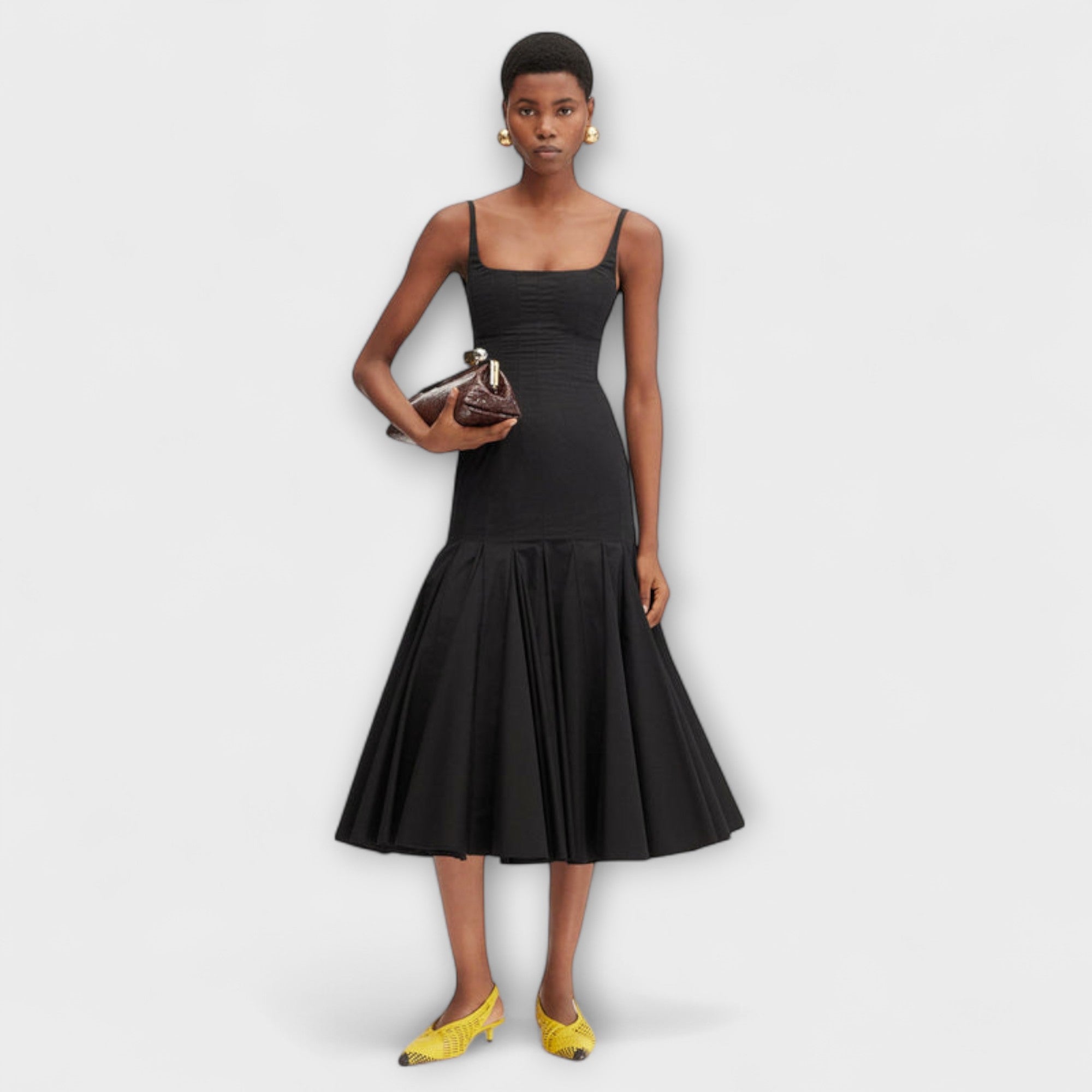 Women’s Midi Dress, Sleeveless, Square Neck, Fitted Cotton-Polyester Blend, Pleated Hips, Open Back