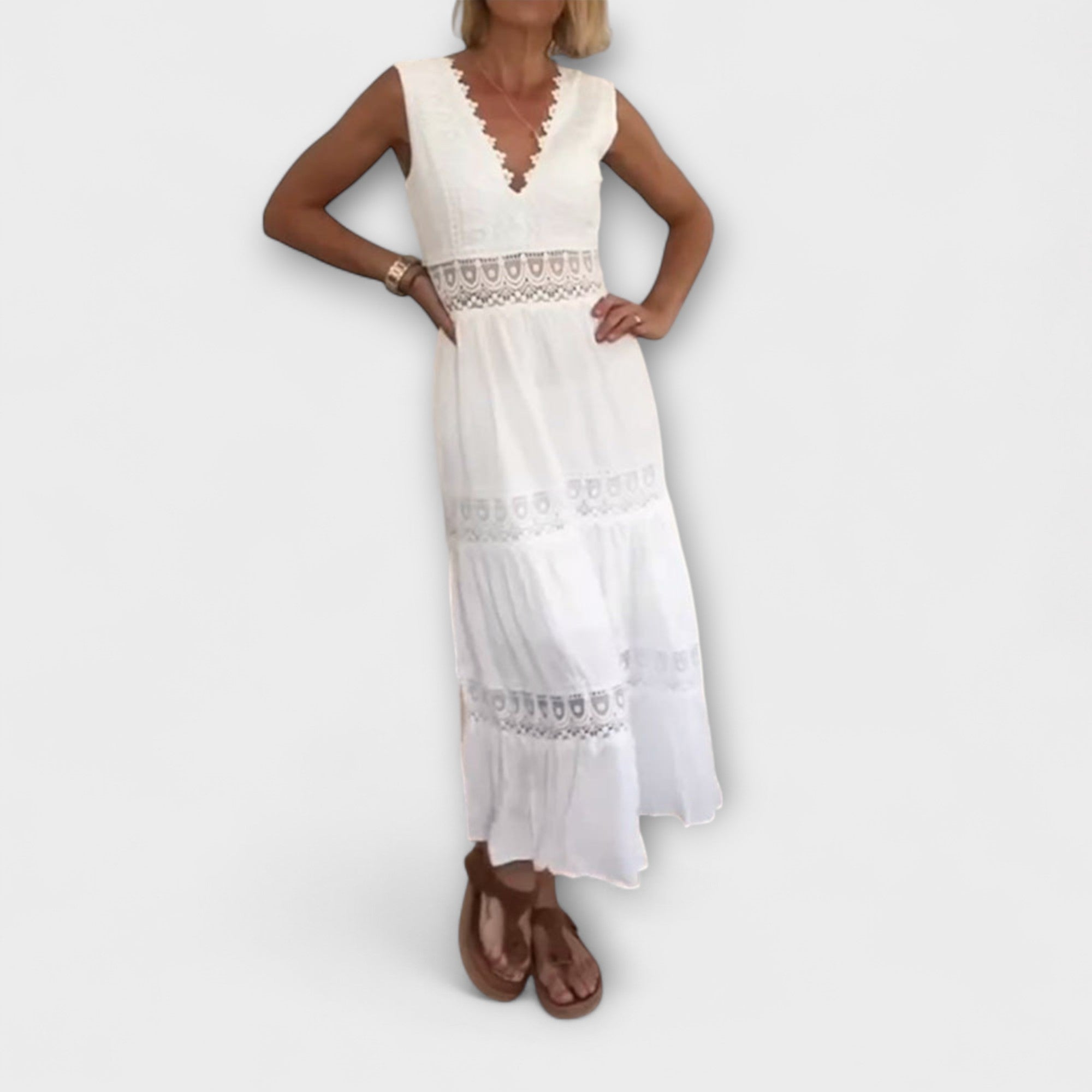 Women’s Midi Dress, Sleeveless, V-Neck, Regular Fit, Monochrome, Lace Detail, A-Line, Open Back