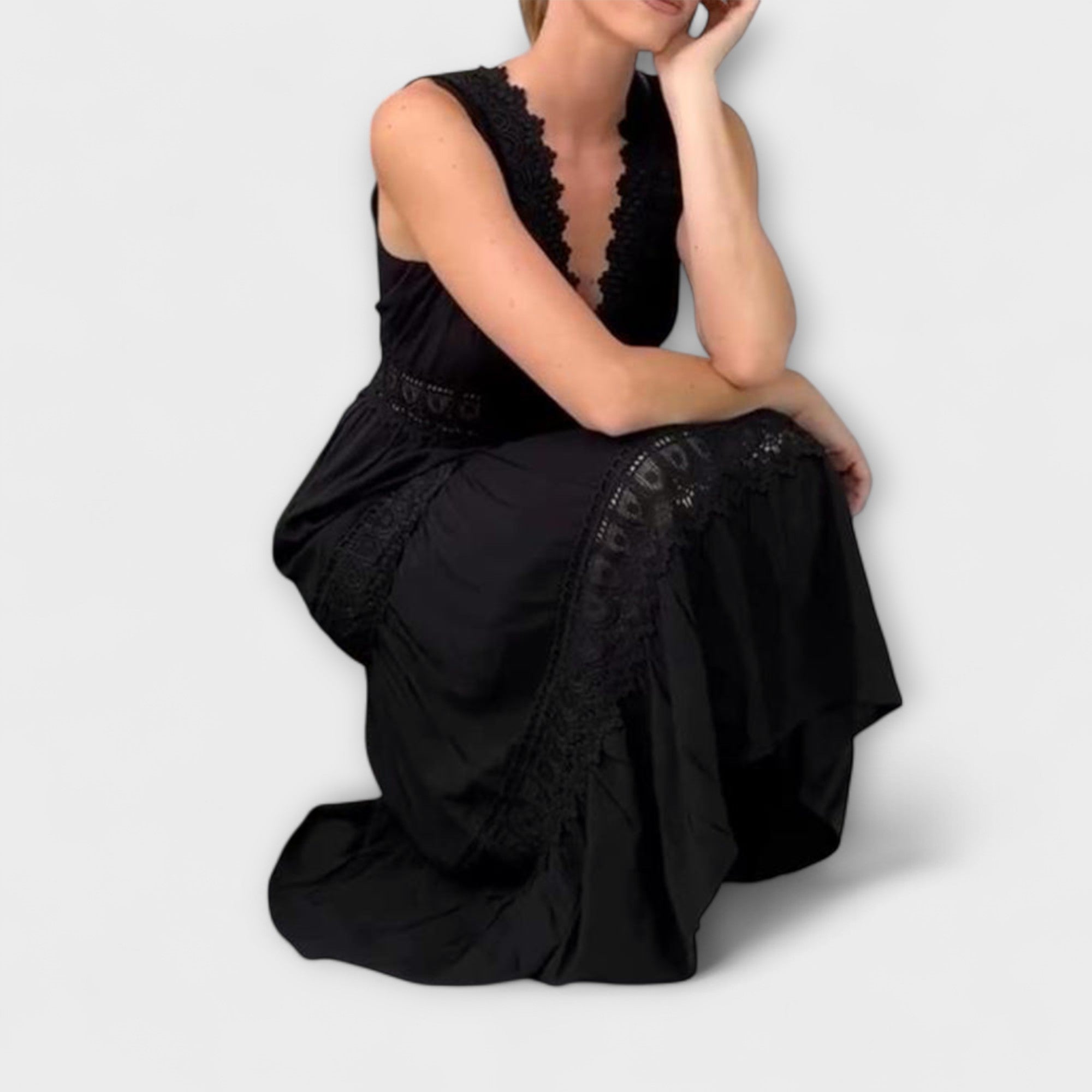 Women’s Midi Dress, Sleeveless, V-Neck, Regular Fit, Monochrome, Lace Detail, A-Line, Open Back