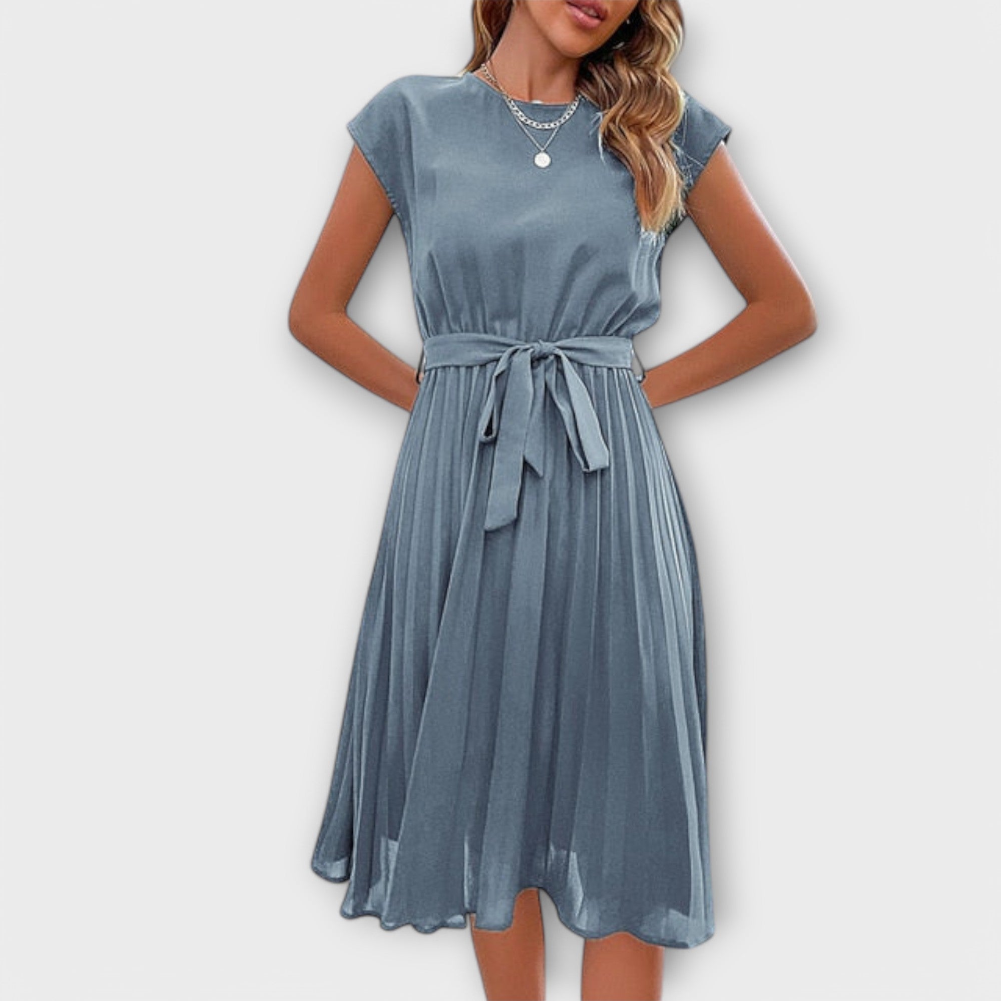 Women’s Midi Dress, Soft Color, Tailored Fit, Short Sleeves, Round Neckline, Lightweight Breathable Fabric
