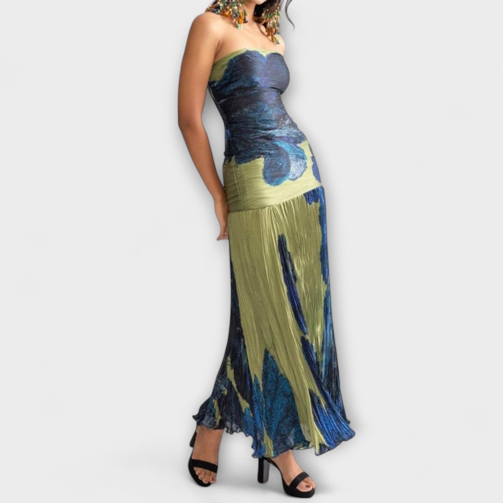 Women’s Midi Dress Strapless Bandeau Neckline Lightweight Chiffon Floral Print Daisy Micro-Pleats Ruched Back