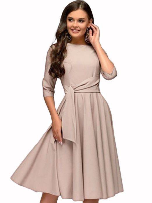 Women’s Midi Dress, Tailored Fit with Waist Belt, Three-Quarter Sleeves, Soft Fabric