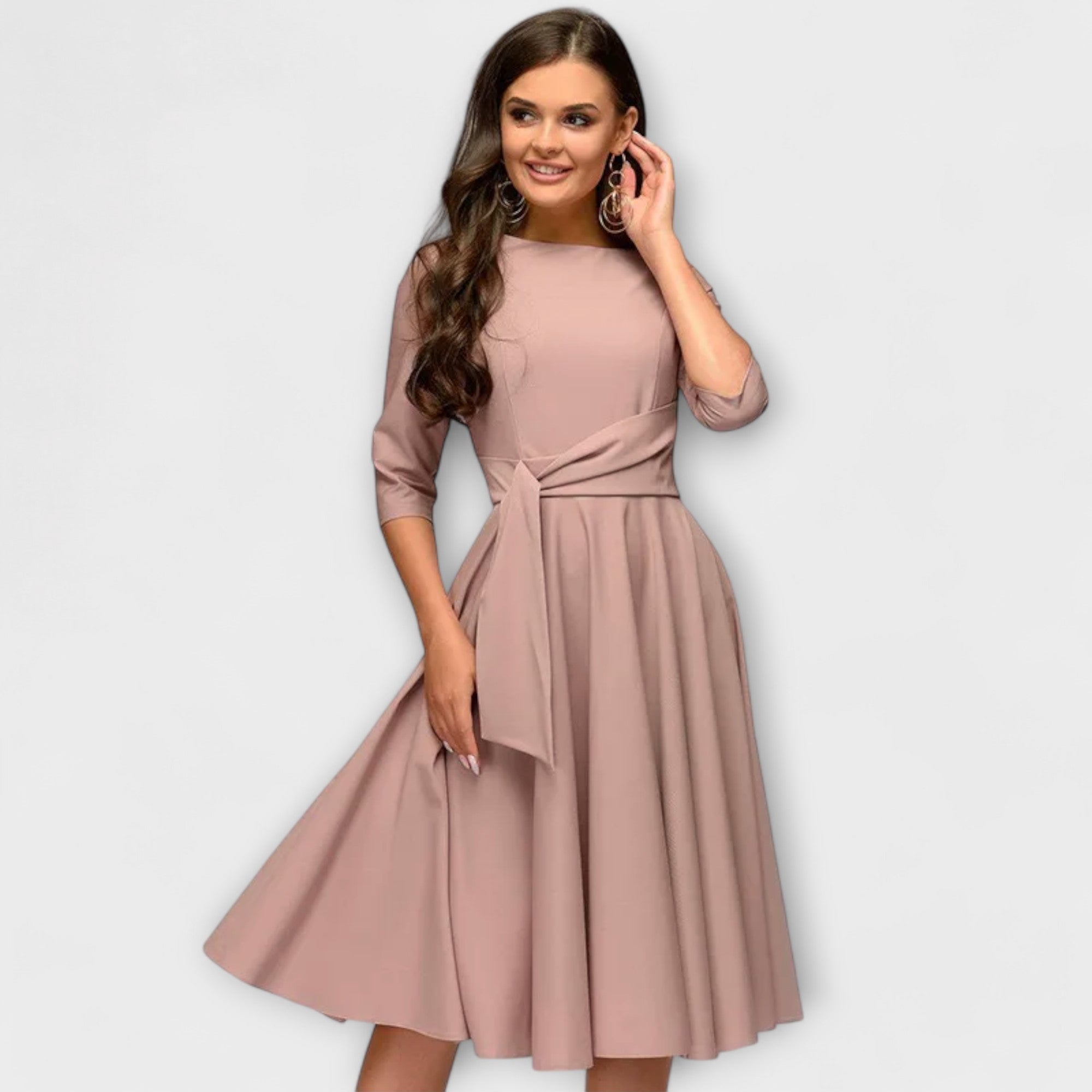 Women’s Midi Dress, Tailored Fit with Waist Belt, Three-Quarter Sleeves, Soft Fabric