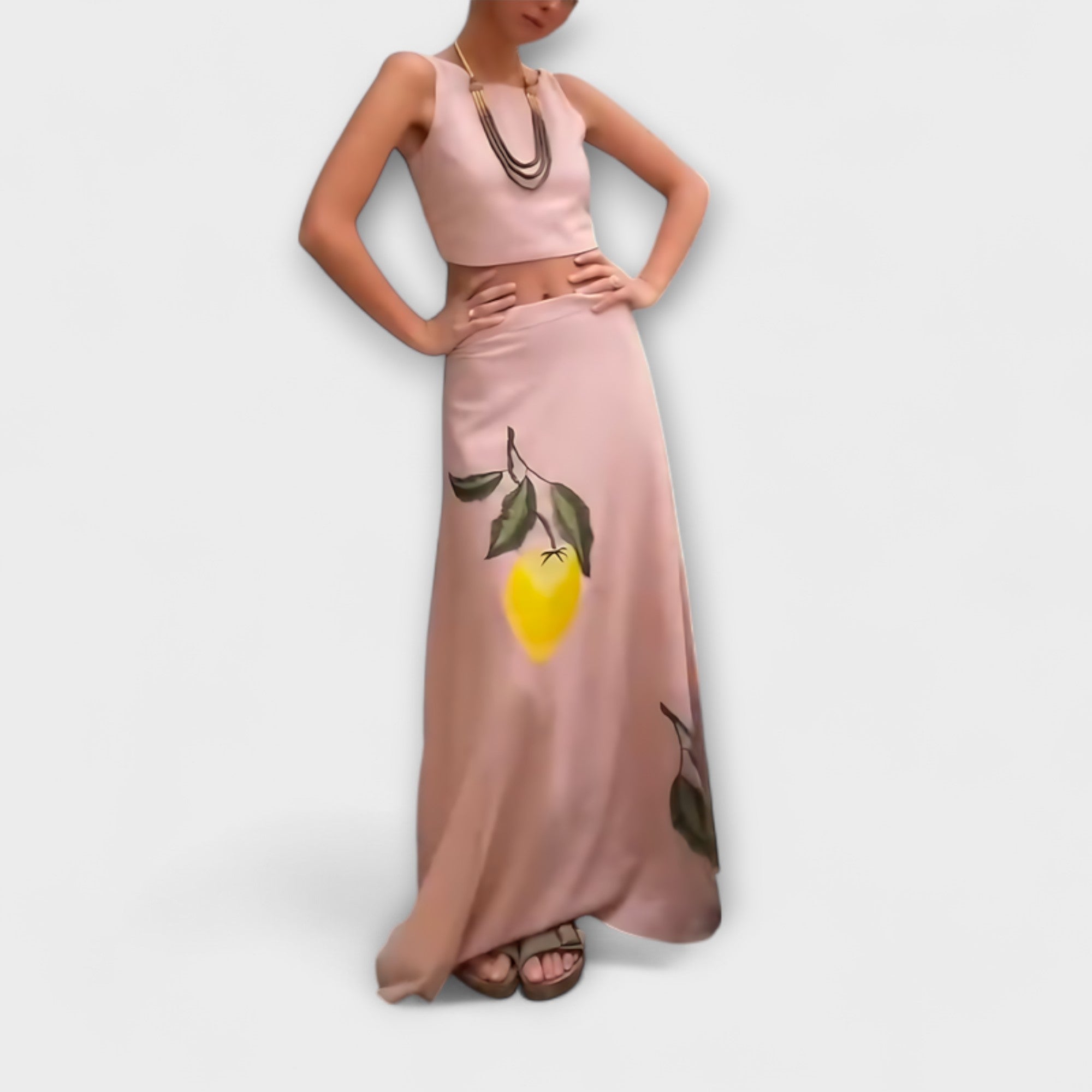 Women’s Midi Skirt, Soft Pink, Lemon Embroidered Fabric, Flowing Fit, Sleeveless, Round Neck