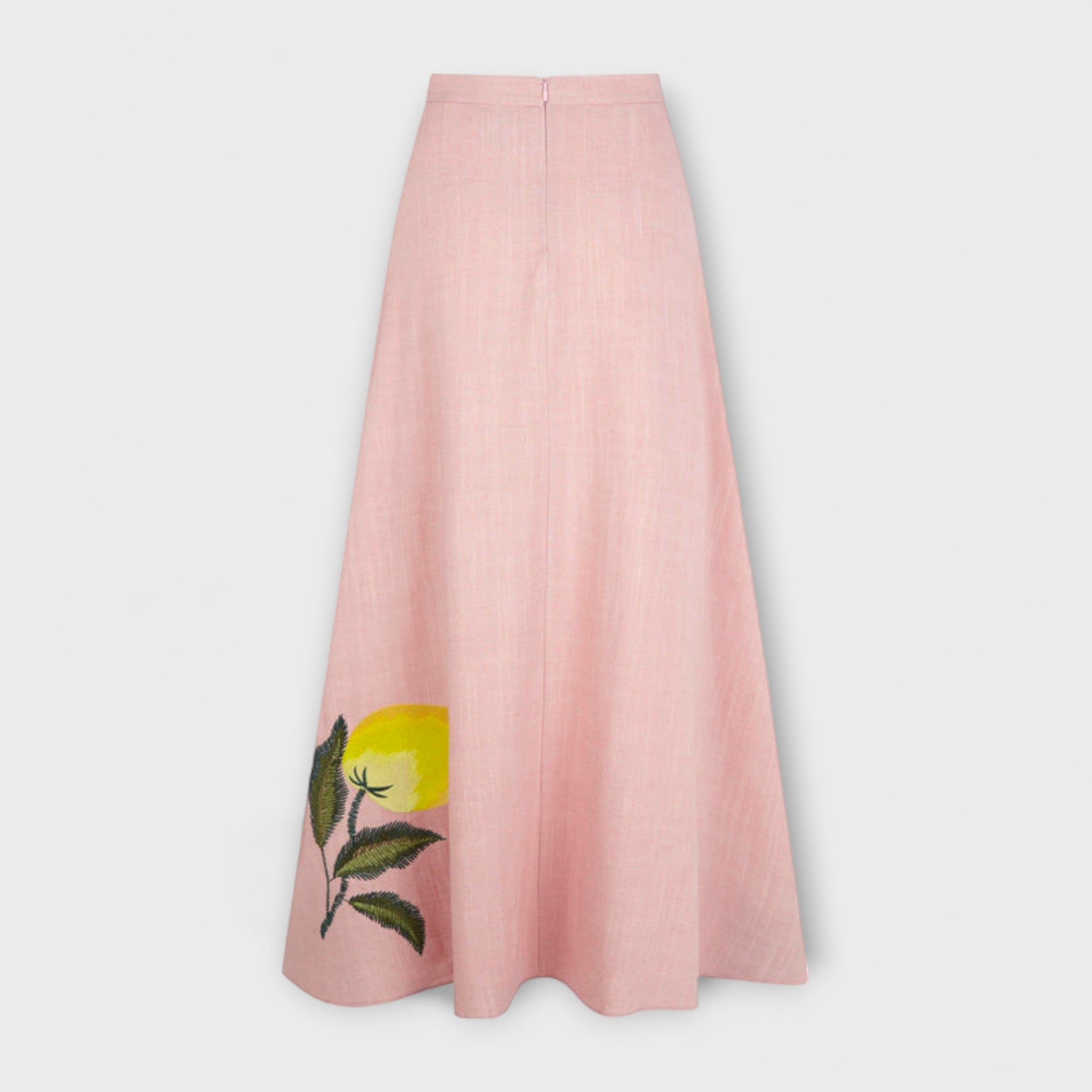Women’s Midi Skirt, Soft Pink, Lemon Embroidered Fabric, Flowing Fit, Sleeveless, Round Neck
