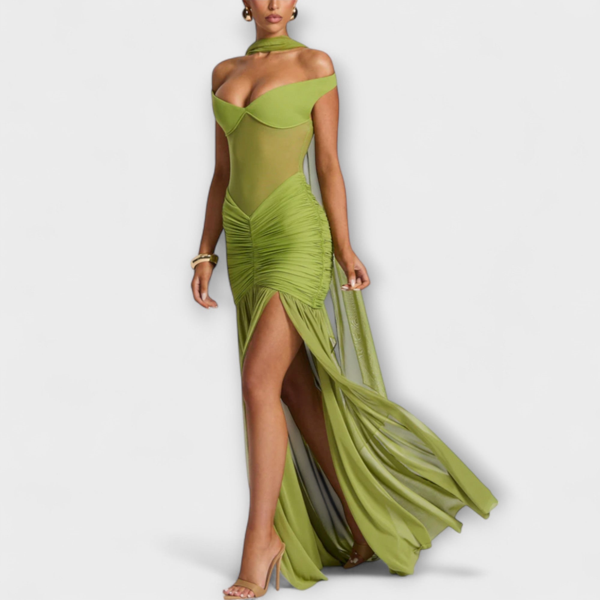 Women’s Milk Silk Sleeveless Dress, Deep V-Neckline, Ruching Fit, Deep V-Back, High Slit