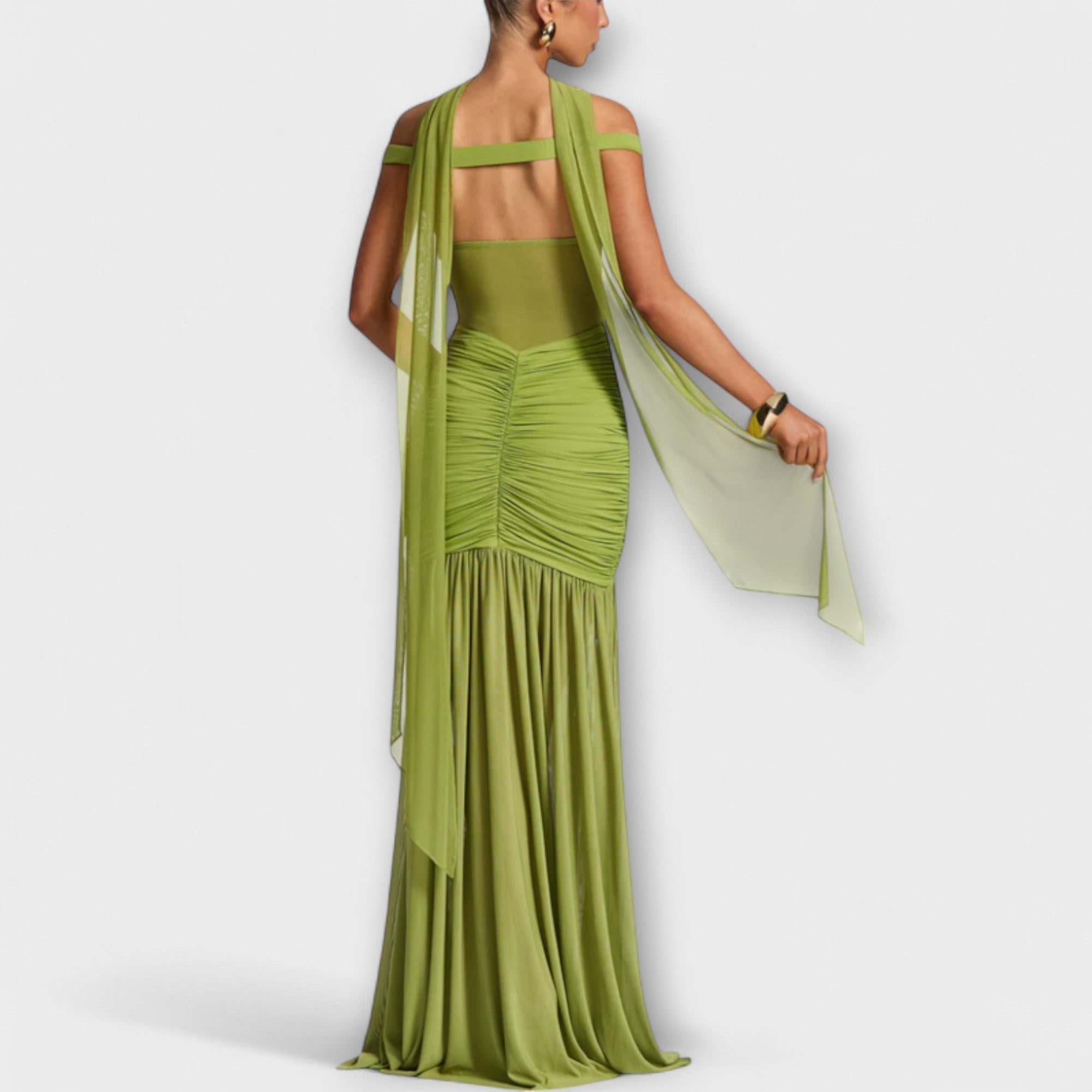 Women’s Milk Silk Sleeveless Dress, Deep V-Neckline, Ruching Fit, Deep V-Back, High Slit