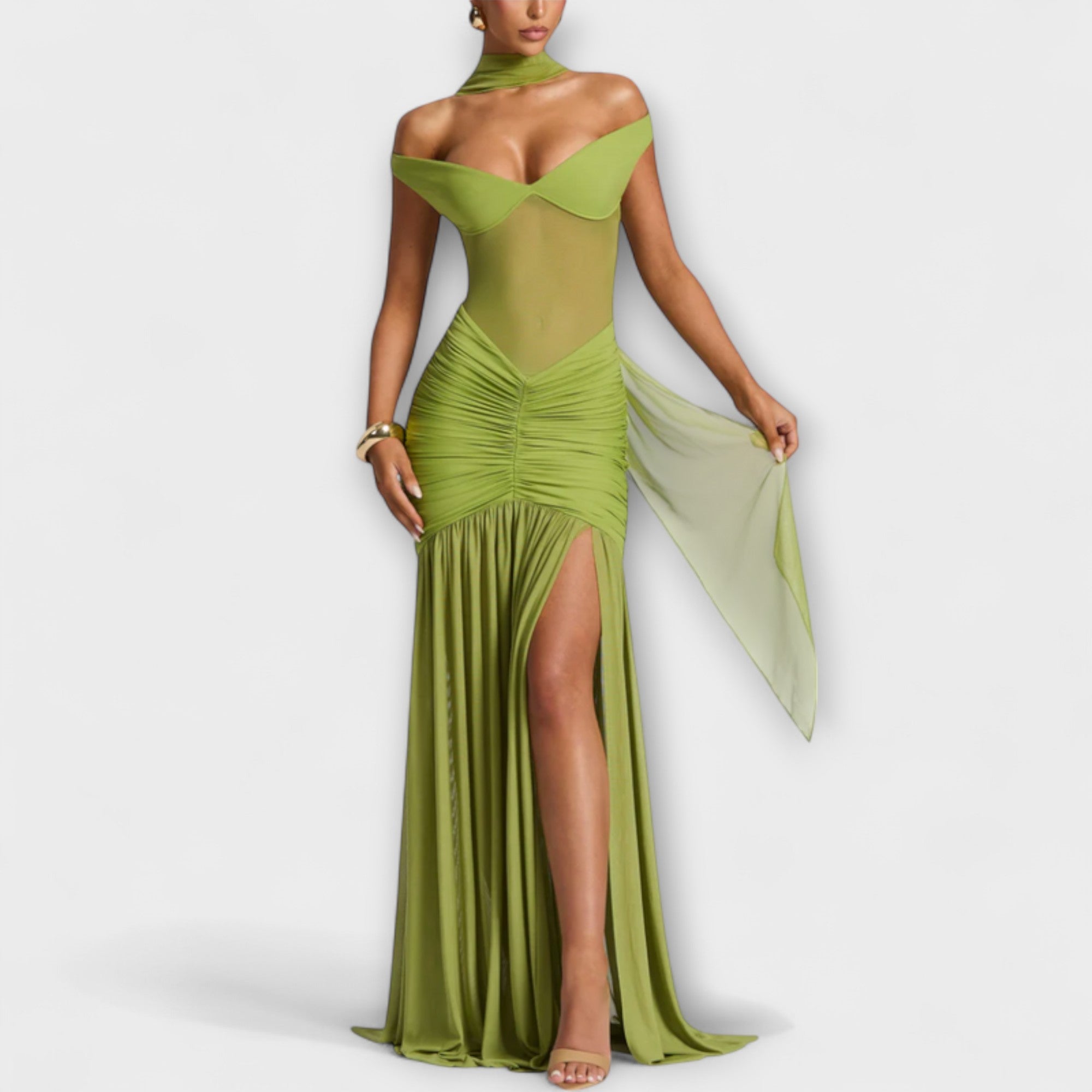 Women’s Milk Silk Sleeveless Dress, Deep V-Neckline, Ruching Fit, Deep V-Back, High Slit